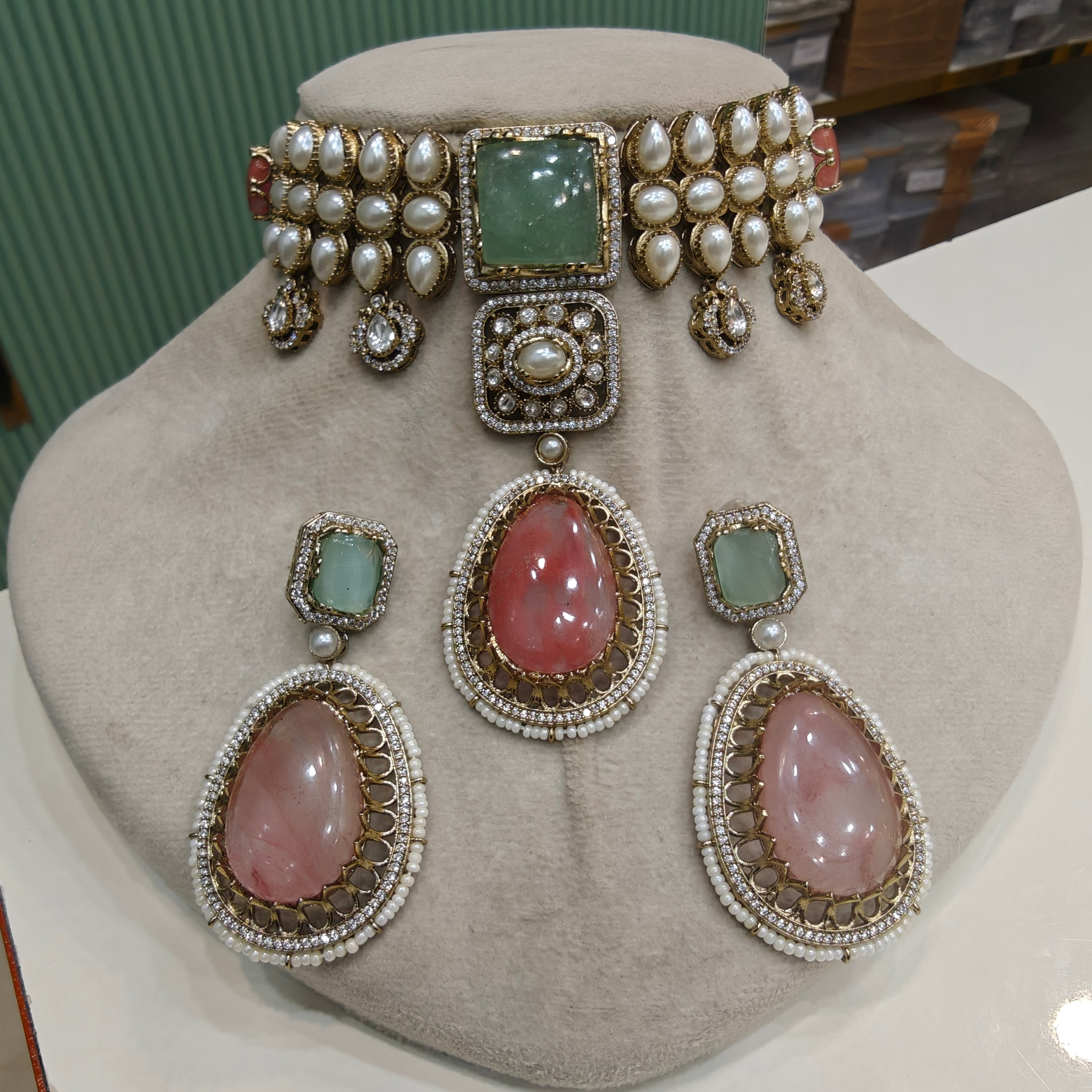Alokika Sabya Inspired Pearl and Natural Stone Necklace Set