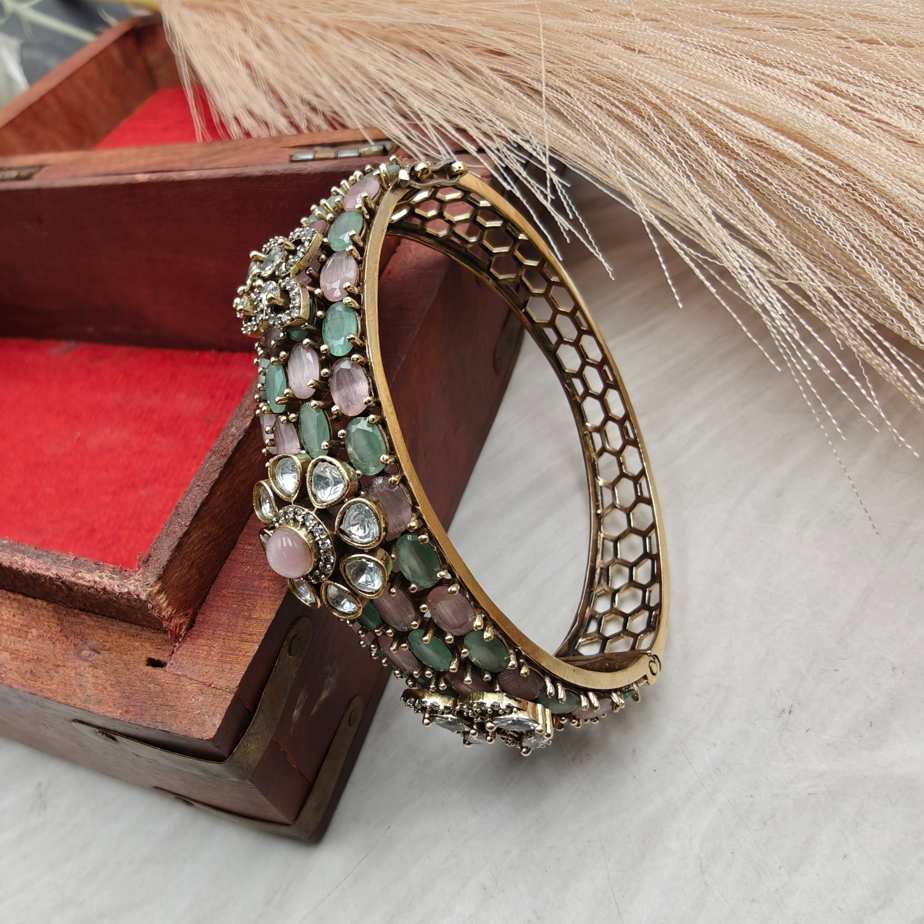 Kusum Moissanite Polki Openable Bracelet- Mint N Pink