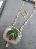 Peacock Tanjore Natural Stone Necklace Set - White