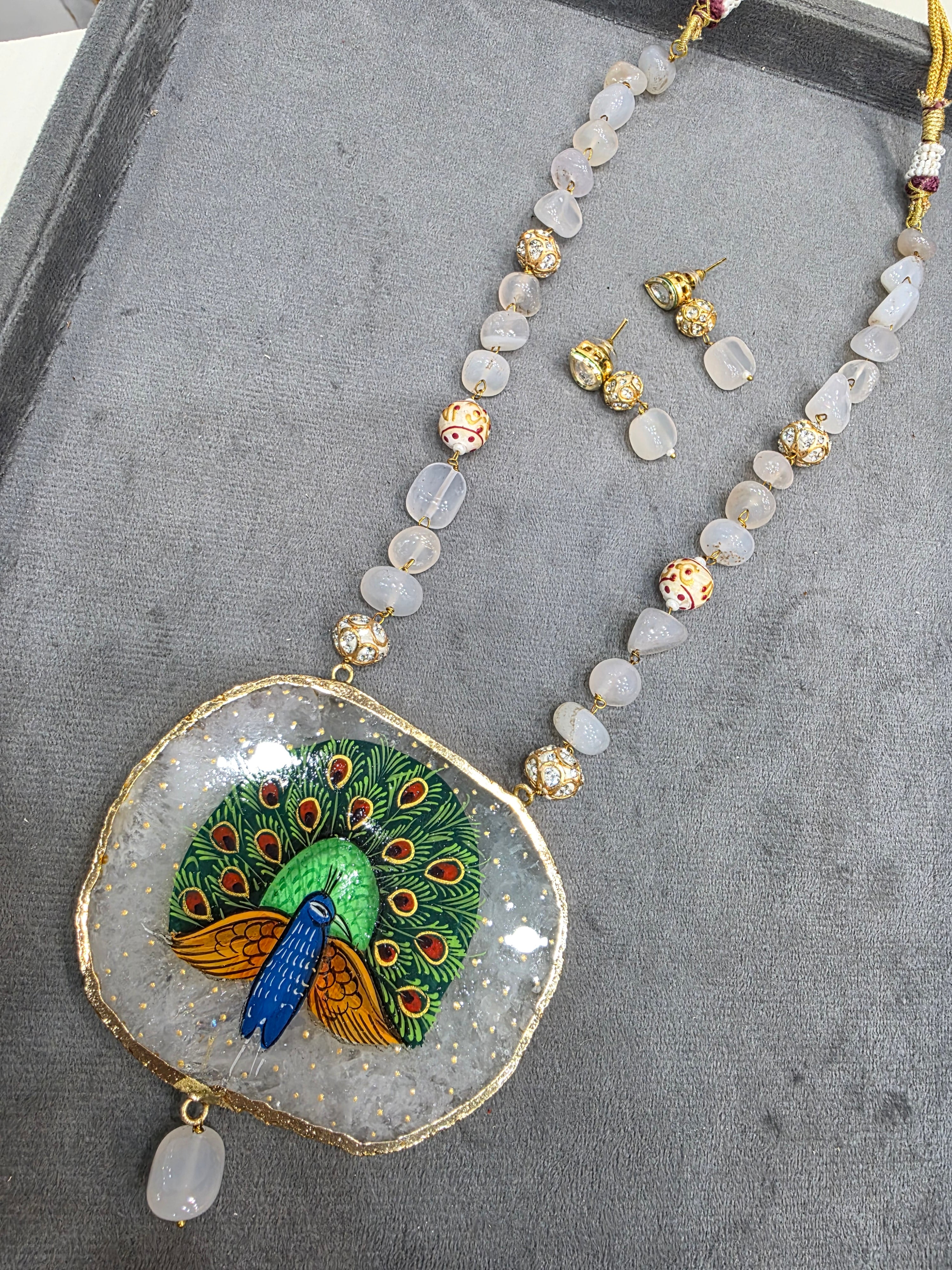 Peacock Tanjore Natural Stone Necklace Set - White