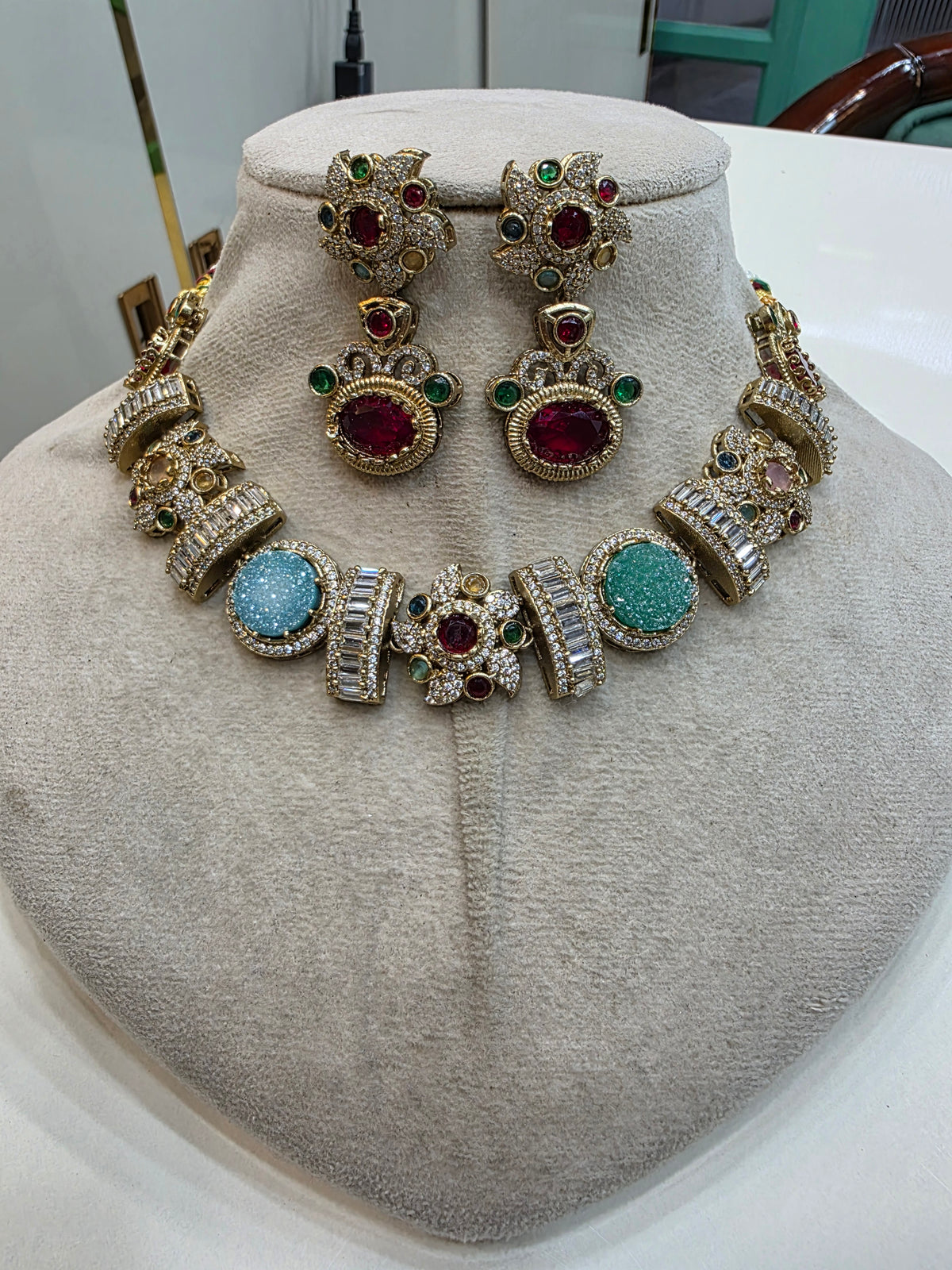 Svarag Sabyasachi Inspired Druzy Stone Choker Necklace Set- Teal Green Red