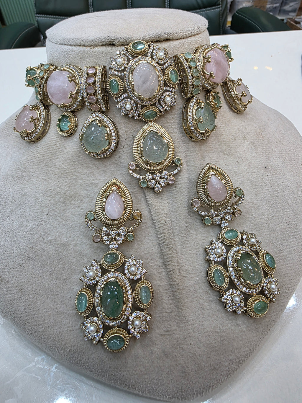 Anantara Sabyasachi inspired Gemstone Choker Necklace Set- Green Aventurine and Rose Quartz