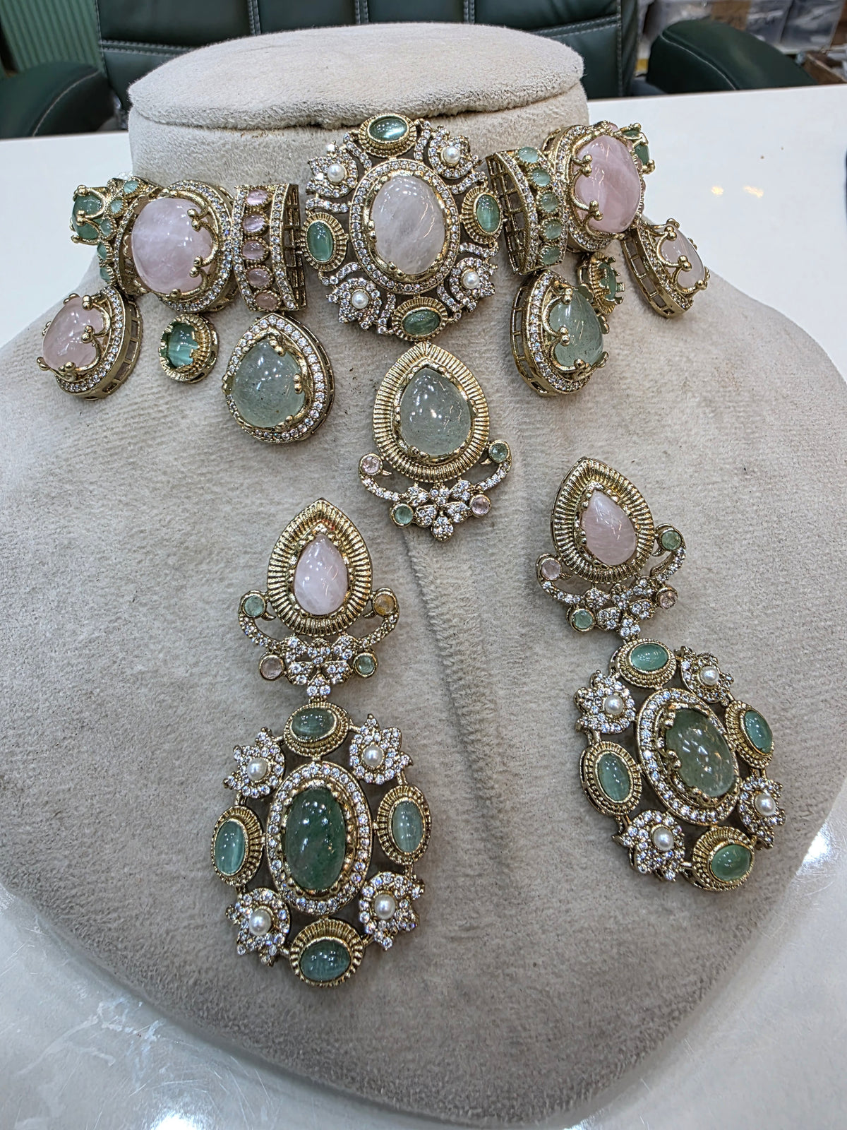 Anantara Sabyasachi inspired Gemstone Choker Necklace Set- Green Aventurine and Rose Quartz