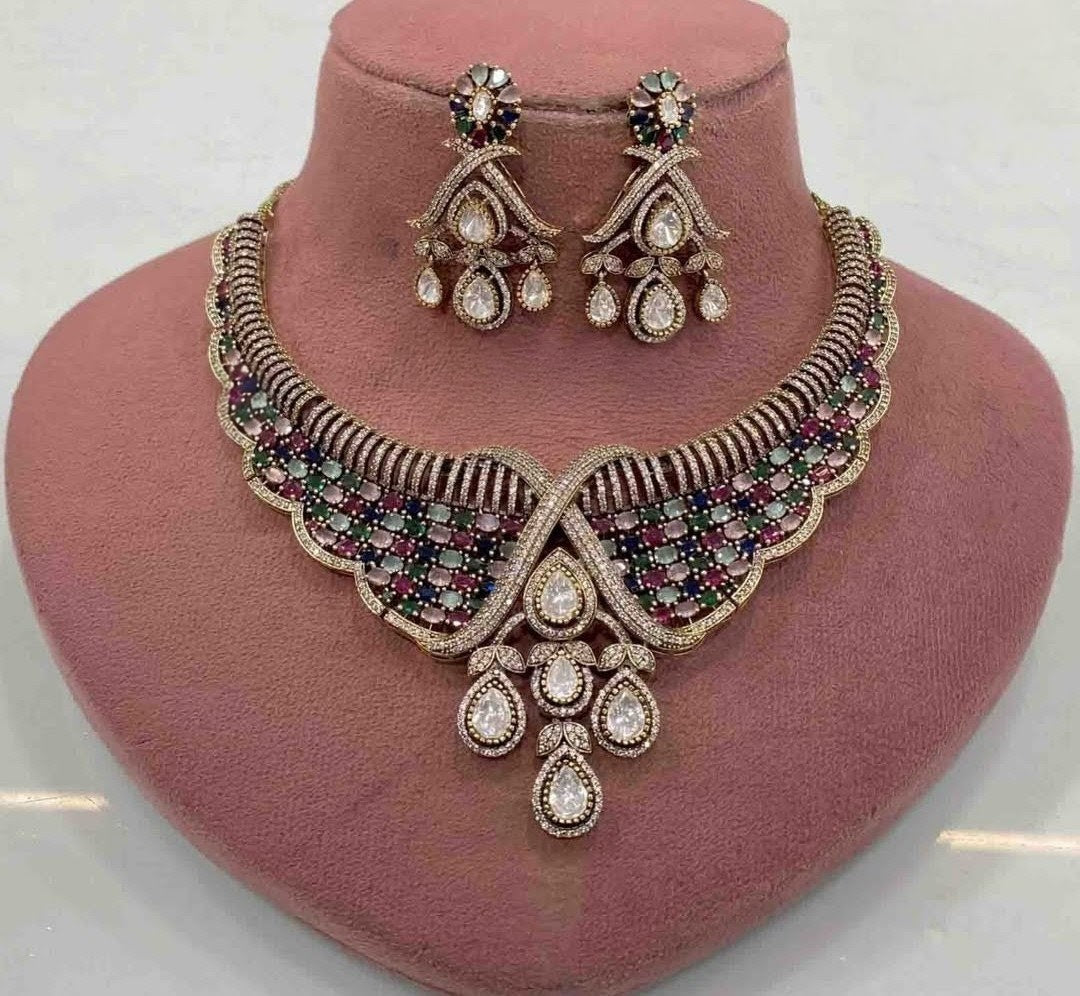 Samara Moissanite Polki Necklace Set- Multi