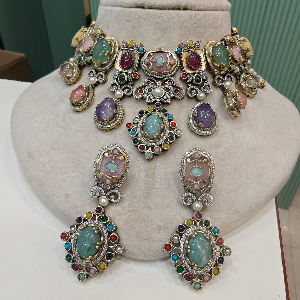 Rangbarat Sabya inspired Multi Gemstone Necklace Set- aquamarine Pink Multi