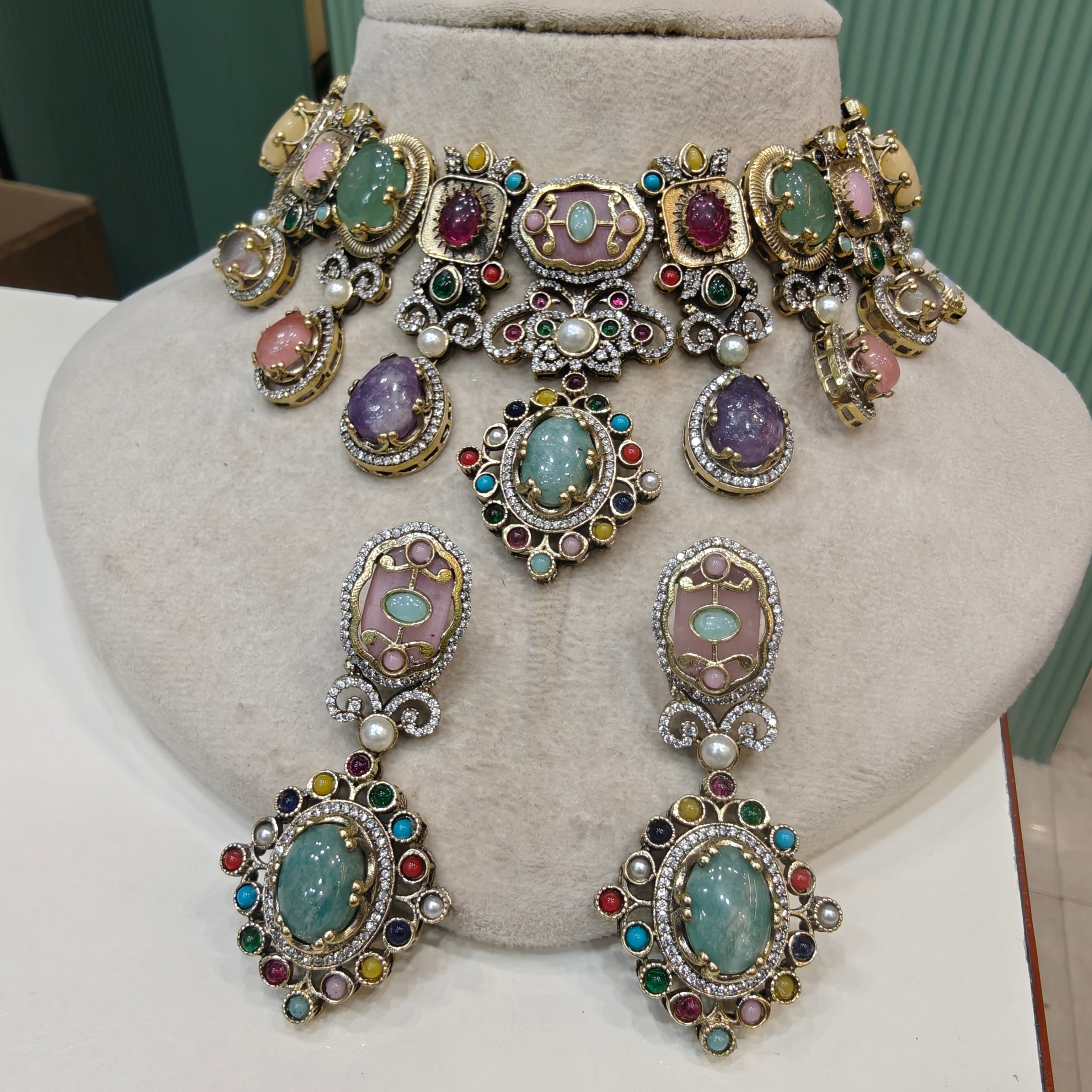 Rangbarat Sabya inspired Multi Gemstone Necklace Set- aquamarine Pink Multi