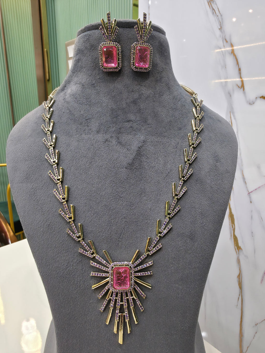 Sabya Inspired Namdini Palm Tree Victorian AD Long Necklace Set-  Pink Purple