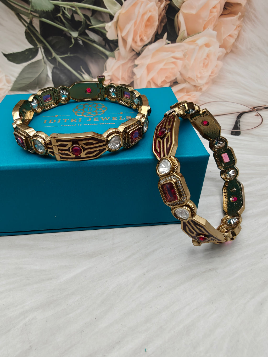 Sargam Enamel and Moissanite Openable Bangles- Maroon/Ruby