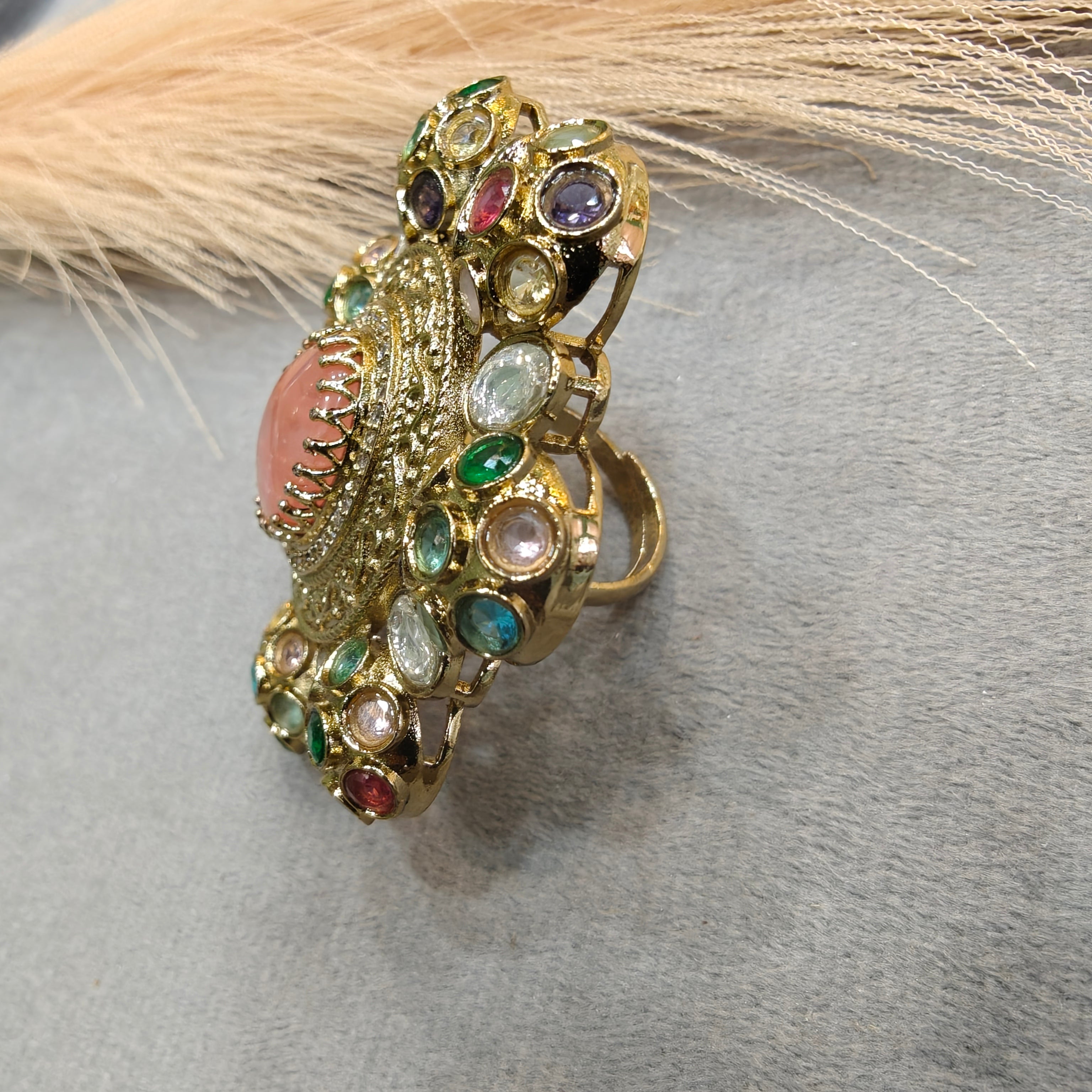 Sabyasachi Inspired Big Size Cocktail Adjustable Ring- Pink Coral