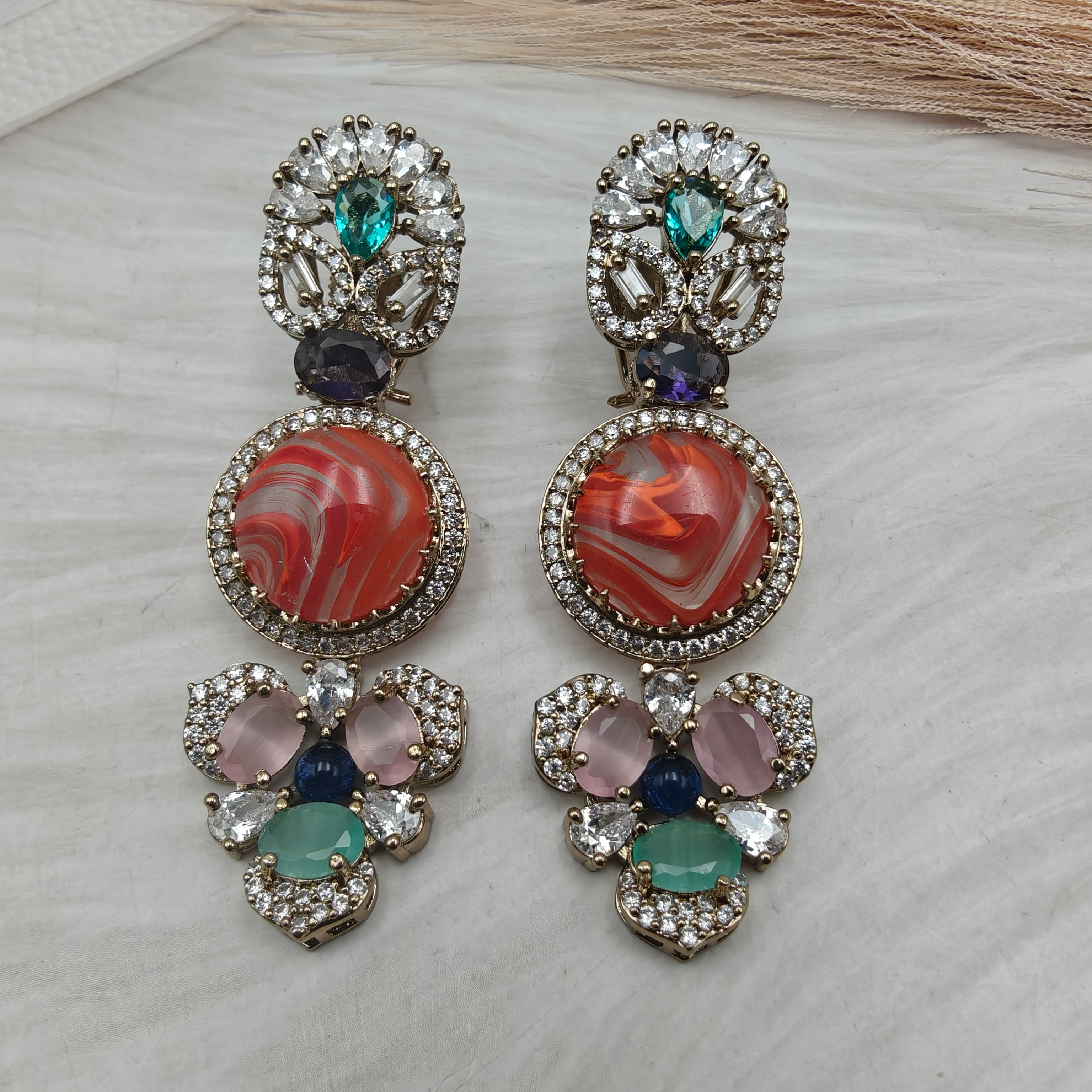 Caro Sabyasachi Inspired Gemstone Earrings- Saffron Multi