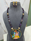 Radha Krishna Natural Stone Tanjore Necklace Set- Purple