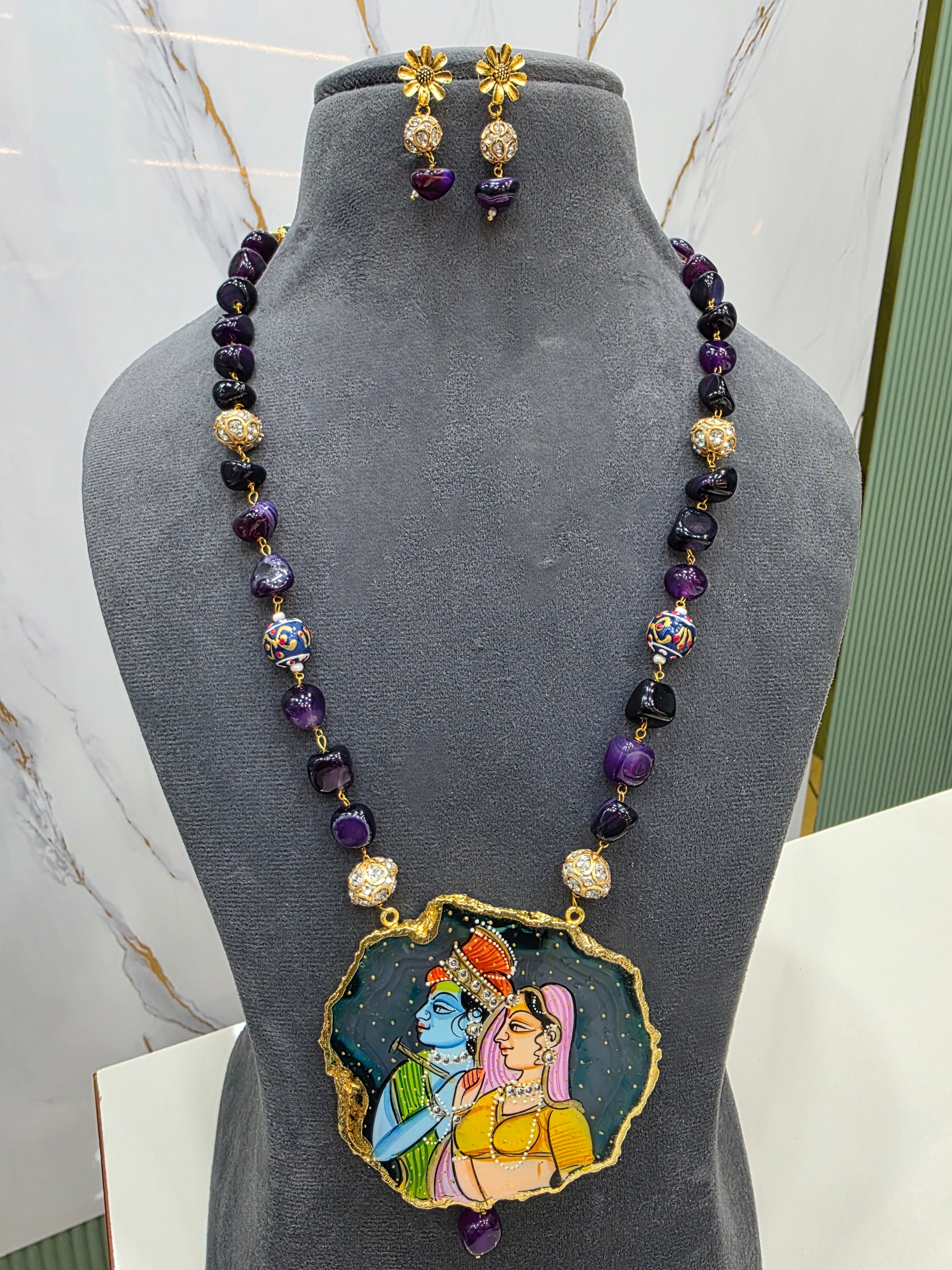 Radha Krishna Natural Stone Tanjore Necklace Set- Purple