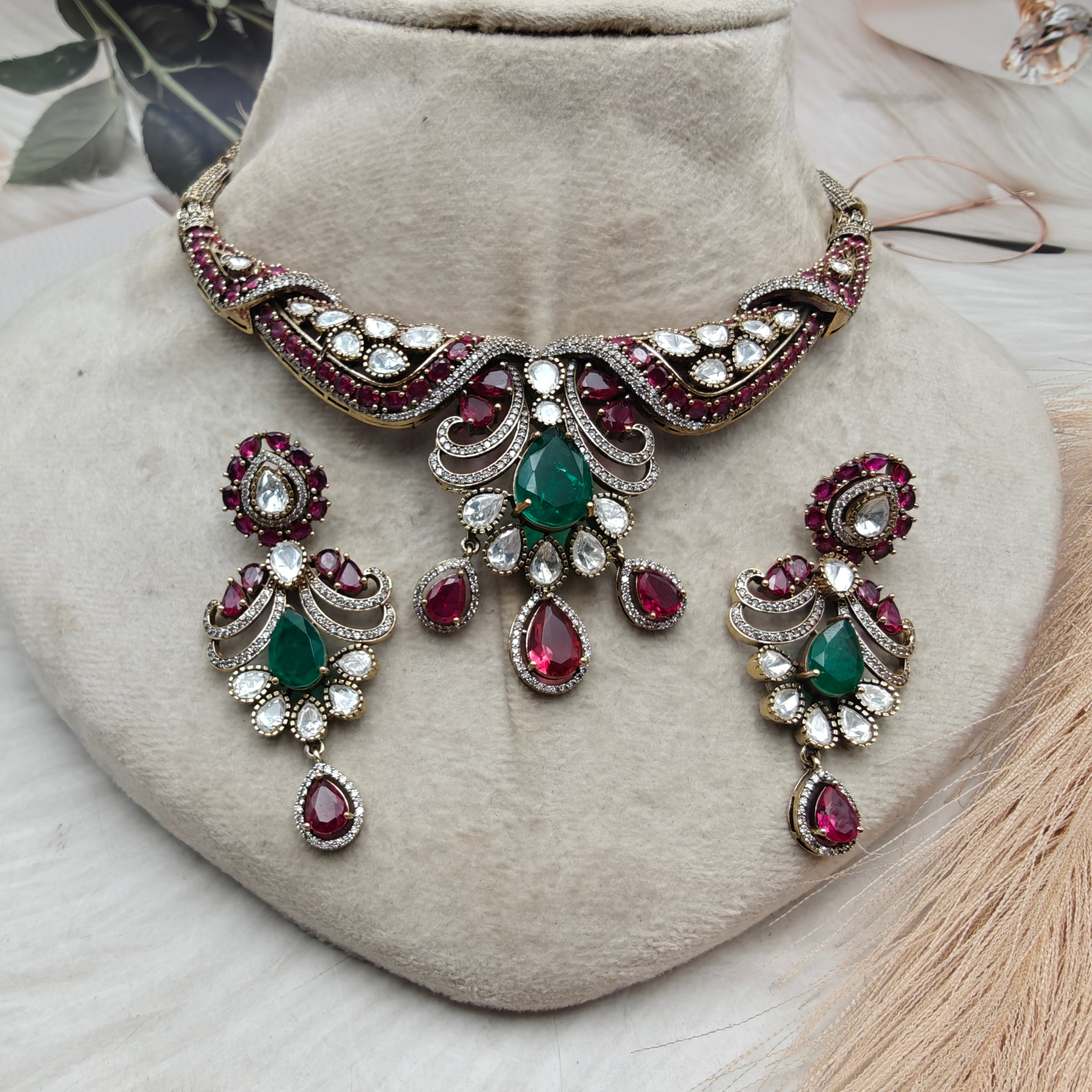 Taniya Uncut Moissanite Polki Necklace Set- Ruby and Green
