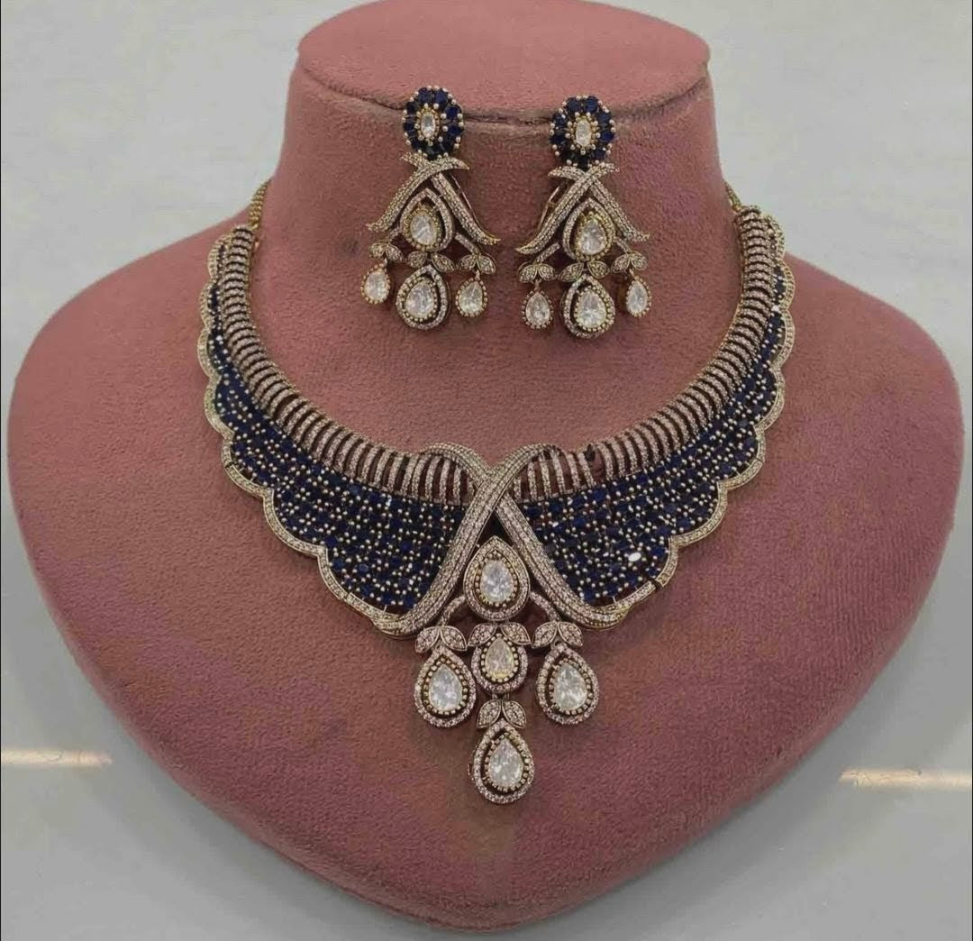 Samara Moissanite Polki Necklace Set- Blue