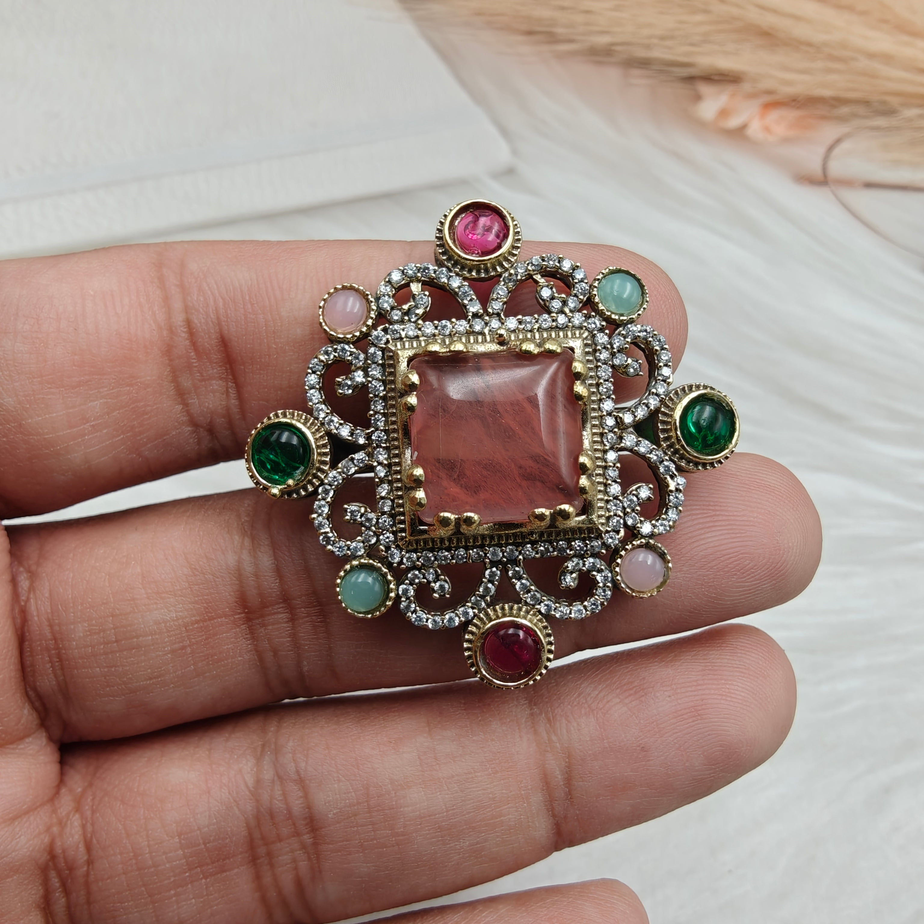 Sabyasachi Inspired Jhanvi Gemstone Adjustable Ring- Red Coral