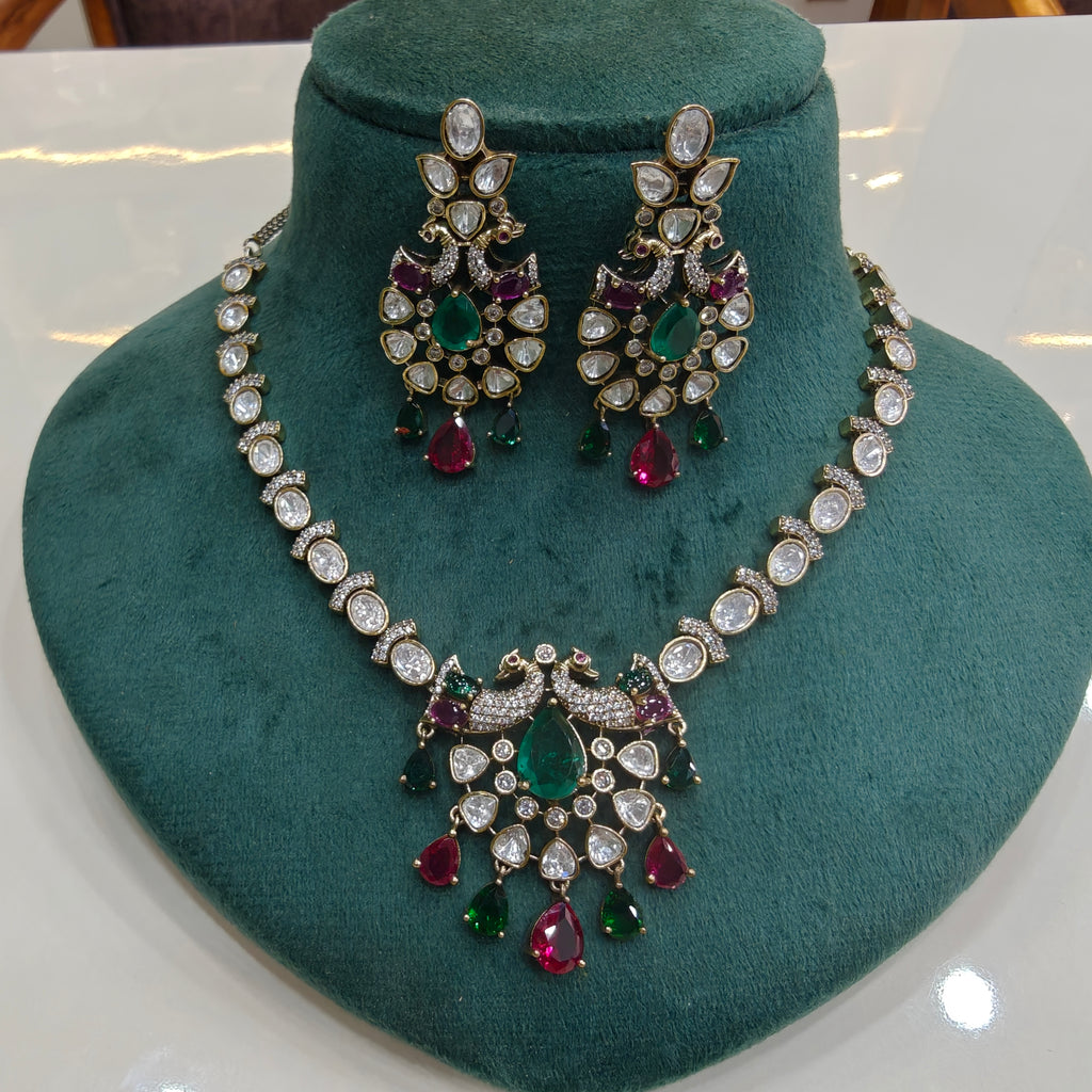 Chandrika Morni Uncut Moissanite Polki Necklace Set- Green Ruby