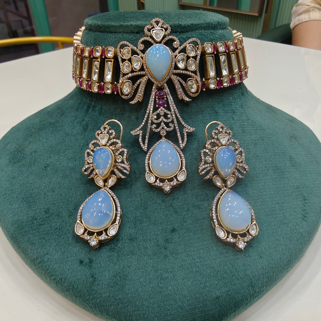 Mirza Opal and Moissanite Choker Set- White Ruby