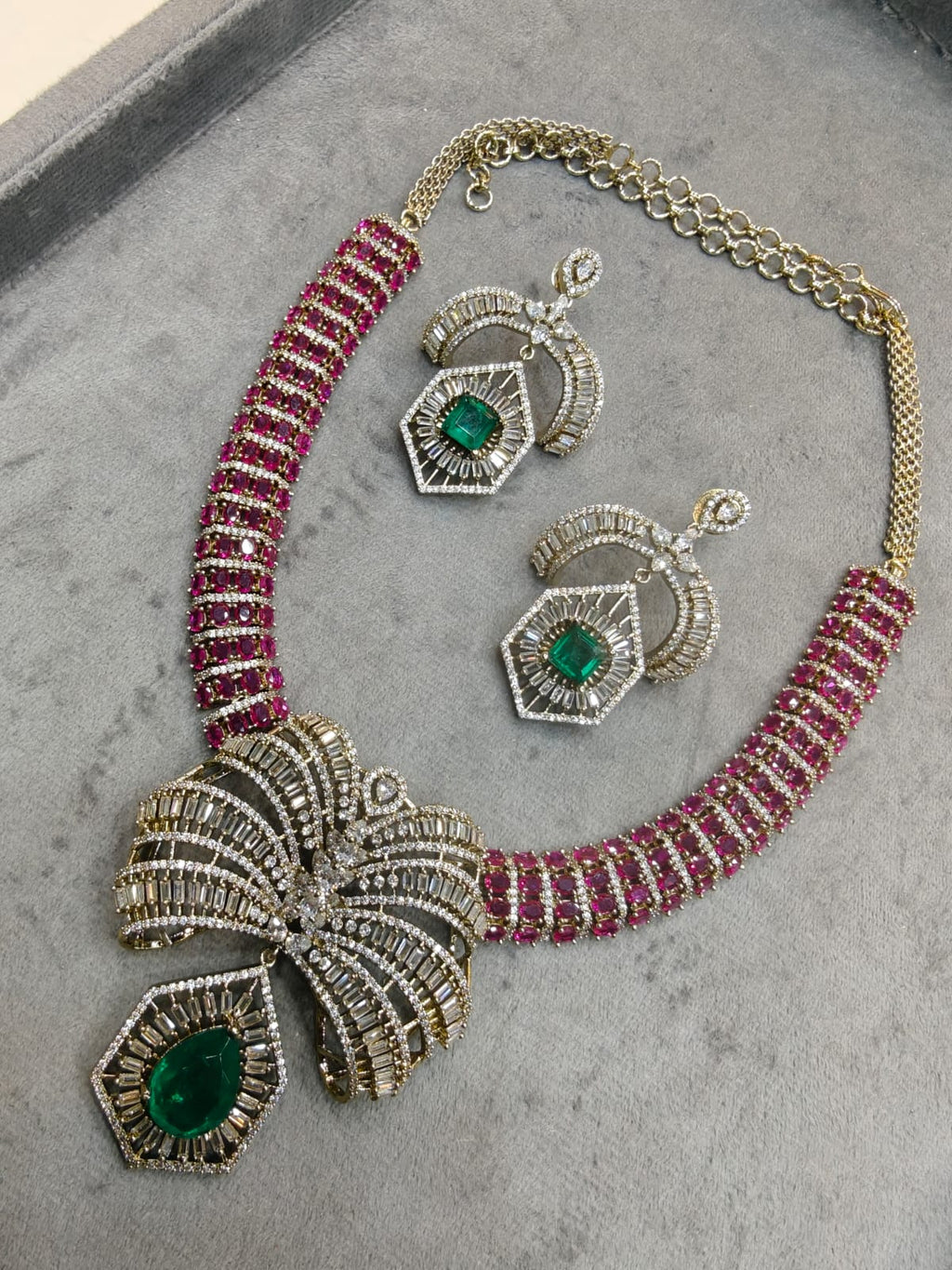 Palm Tree Sabya Inspired Baguette and Doublet Necklace Set- Ruby and Green