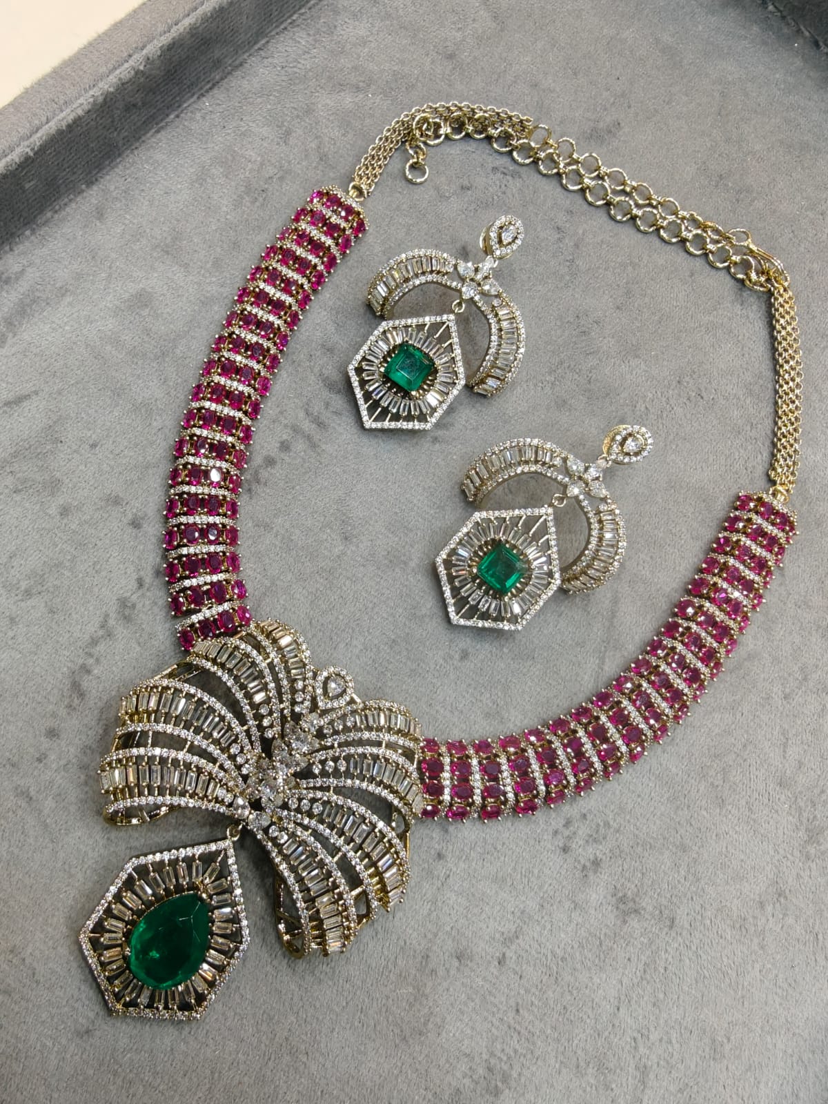 Palm Tree Sabya Inspired Baguette and Doublet Necklace Set- Ruby and Green