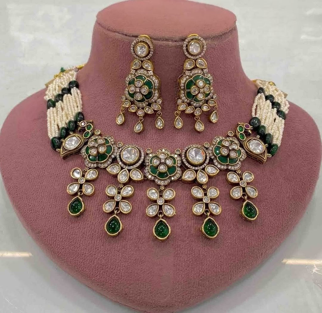 Diksha Takker Stone Polki Choker Set- Green