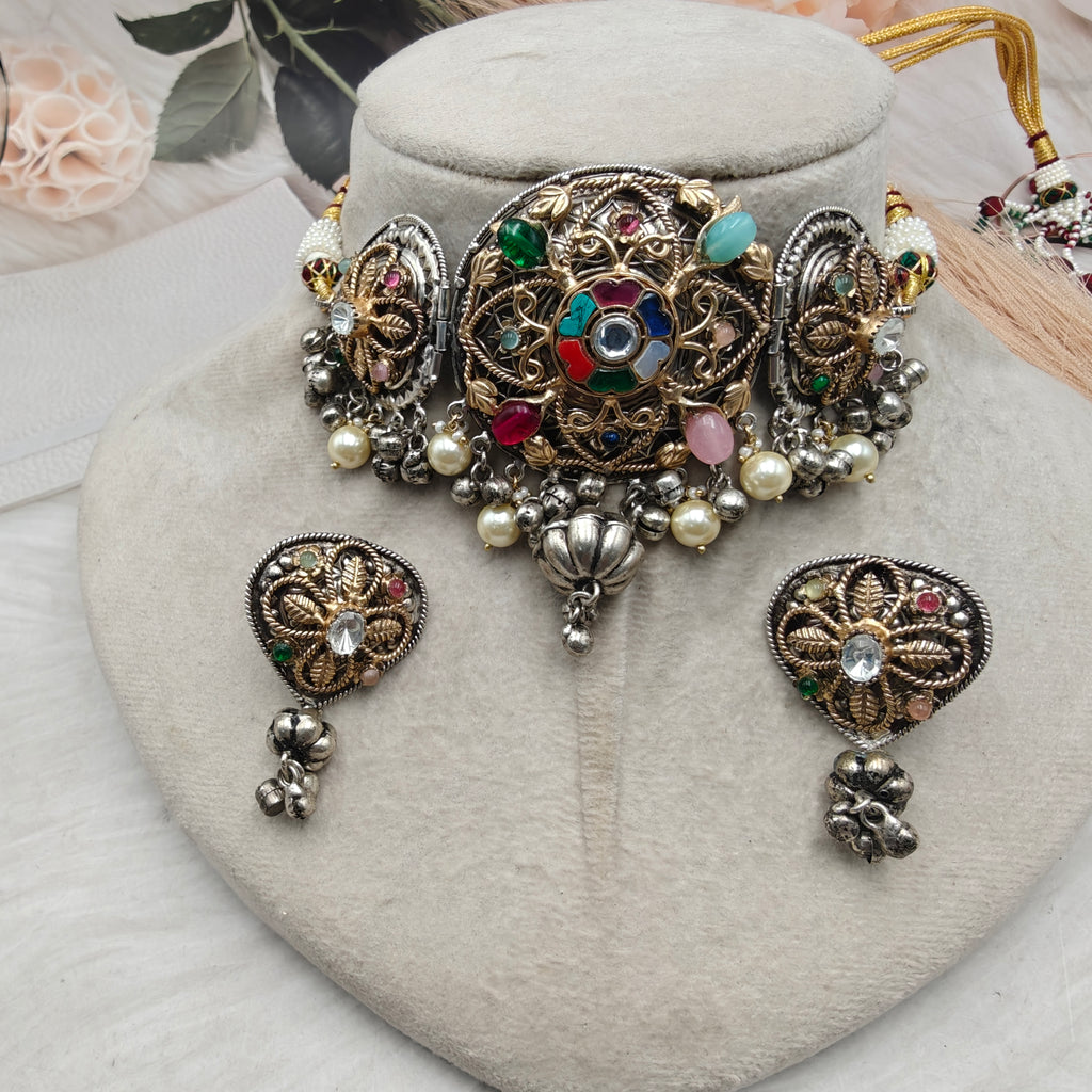 Chandramukhi Handcrafted Fusion Dual Tone Natural Stone Choker Set