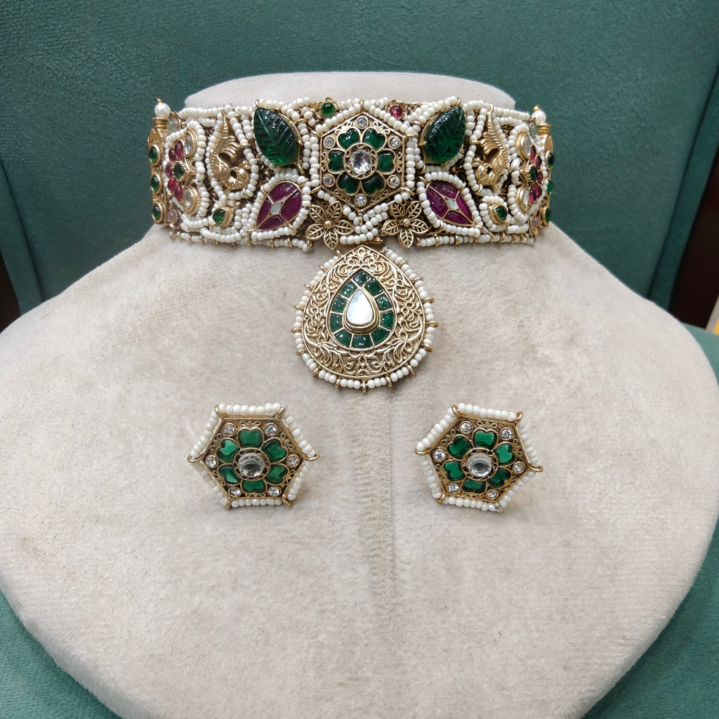 Rajwadi Handcrafted Natural Stone and Pearl Heritage Choker Set- Green Ruby