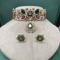 Rajwadi Handcrafted Natural Stone and Pearl Heritage Choker Set- Green Ruby