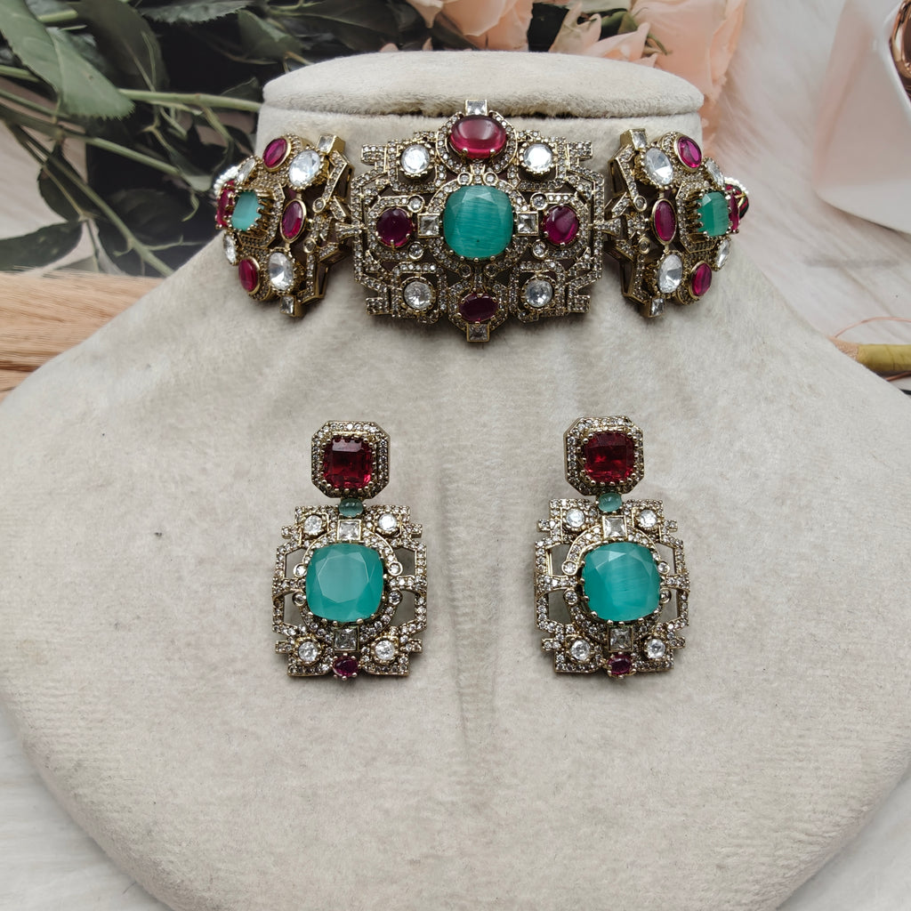Sabyasachi Inspired Vatsala Multi Choker Set- Mint Ruby