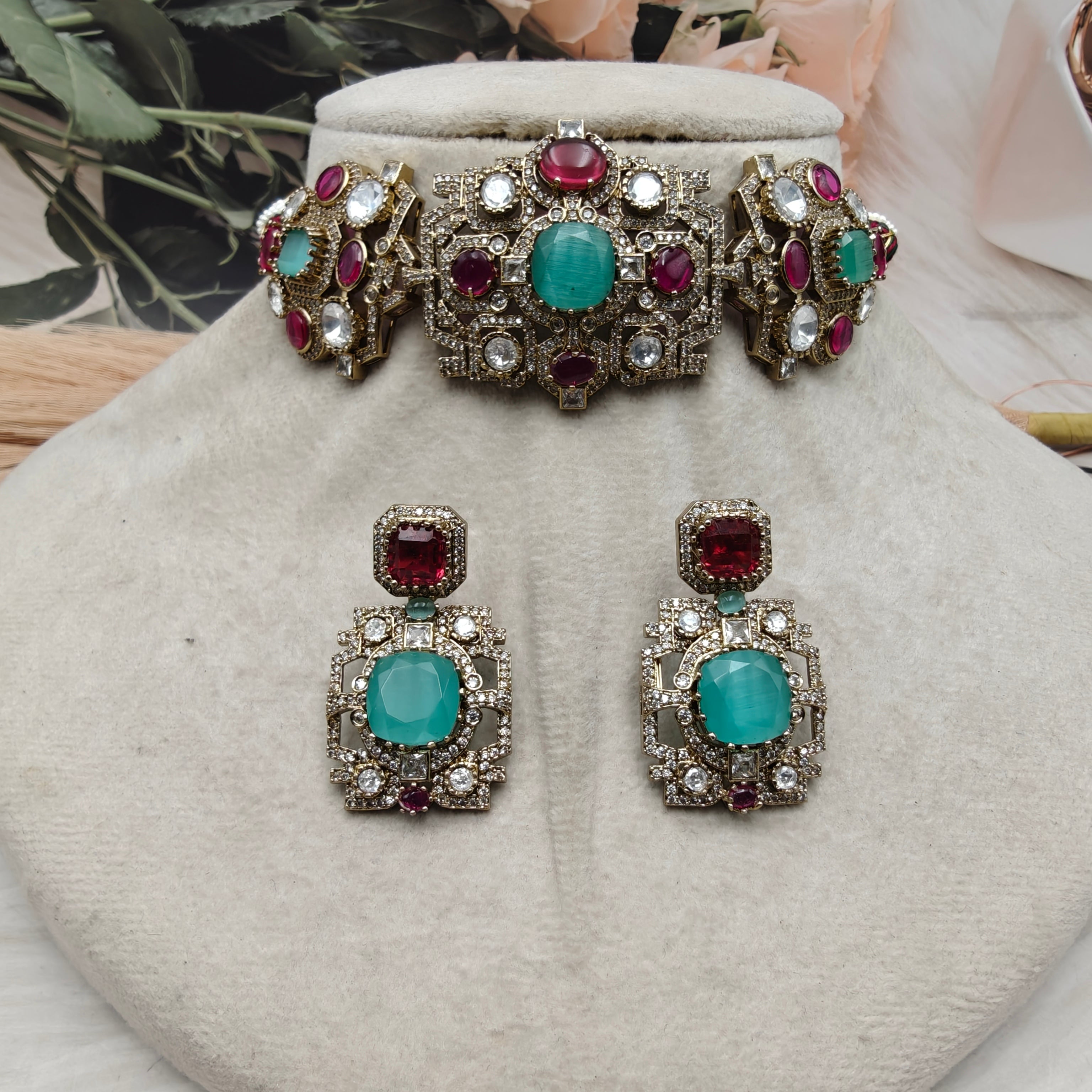 Sabyasachi Inspired Vatsala Multi Choker Set- Mint Ruby