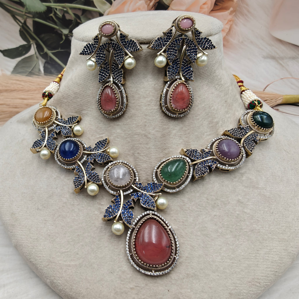 Vriksha Ratna Designer Gemstone Necklace Set- Coral Pink Multi