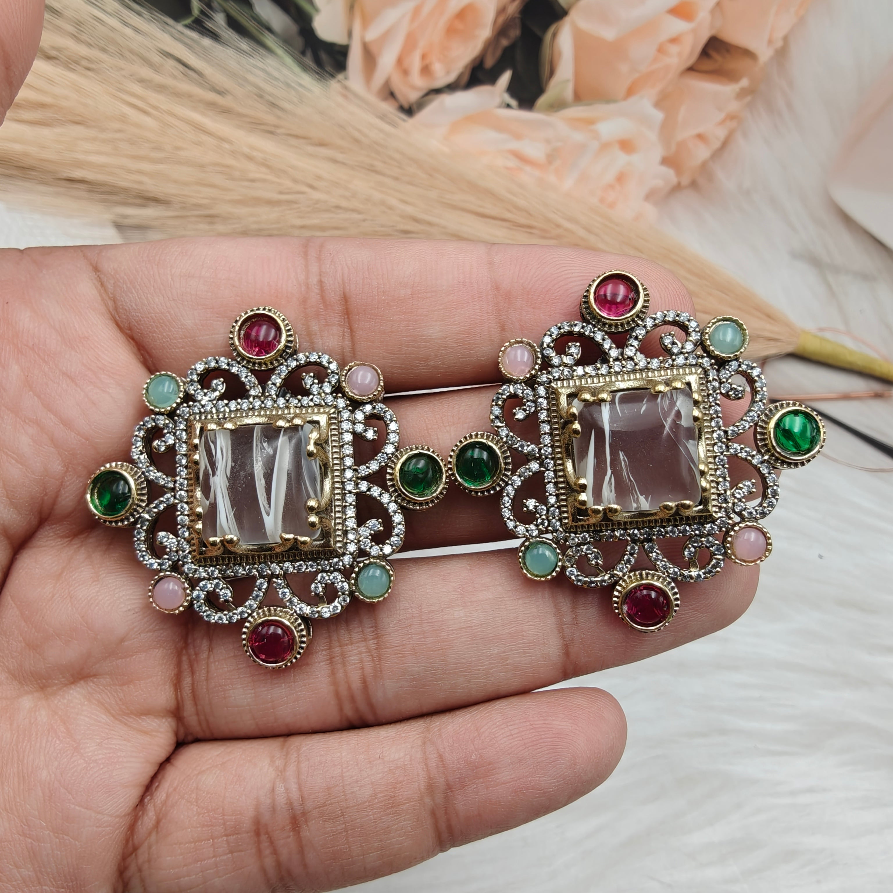 Sabyasachi Inspired Jhanvi Gemstone Studs-  White Quartz