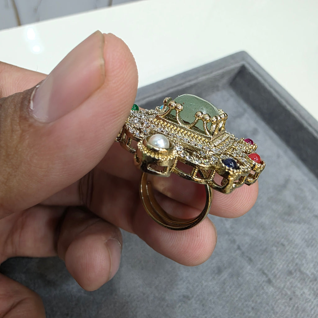 Akshika Sabya Inspired Natural Stone Adjustable Ring- Mint Multi