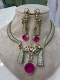 Sama Panther Designer Necklace Set- Hot Pink and Green