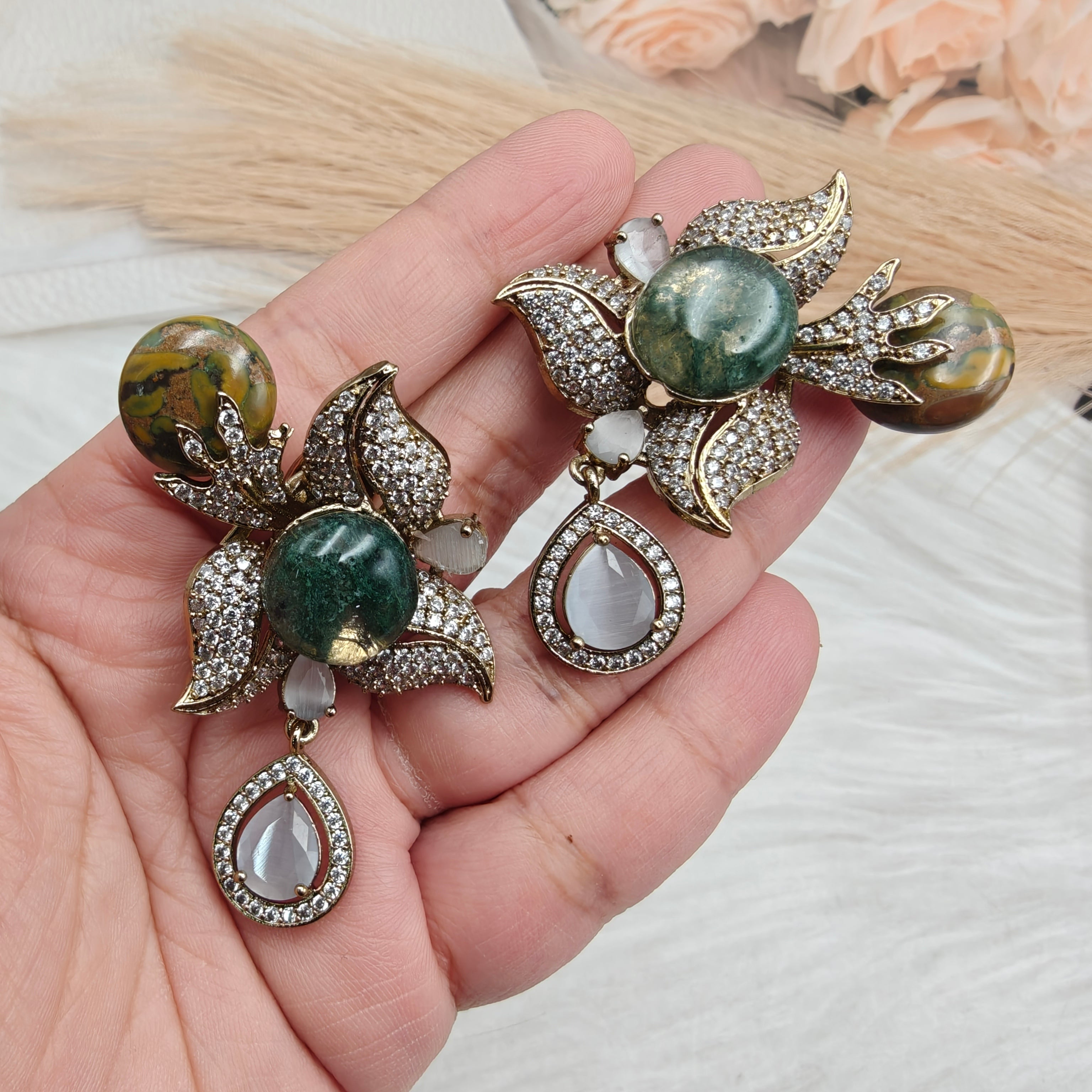 Nartika Sabyasachi Inspired Statement Gemstone Studs-Green Moss Grey