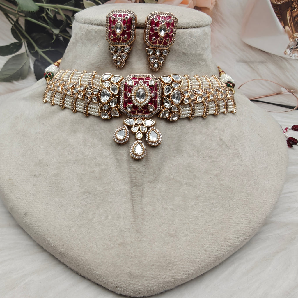 Sunher Moissanite Premium Pearl Choker Set - Ruby