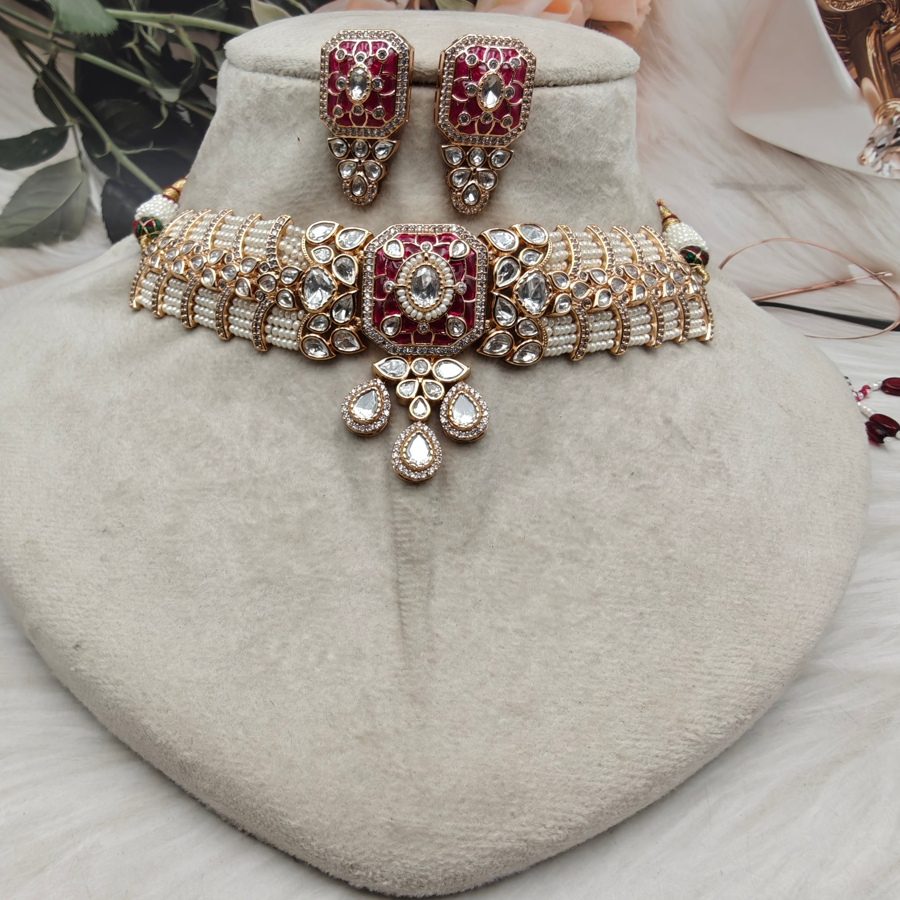 Sunher Moissanite Premium Pearl Choker Set - Ruby