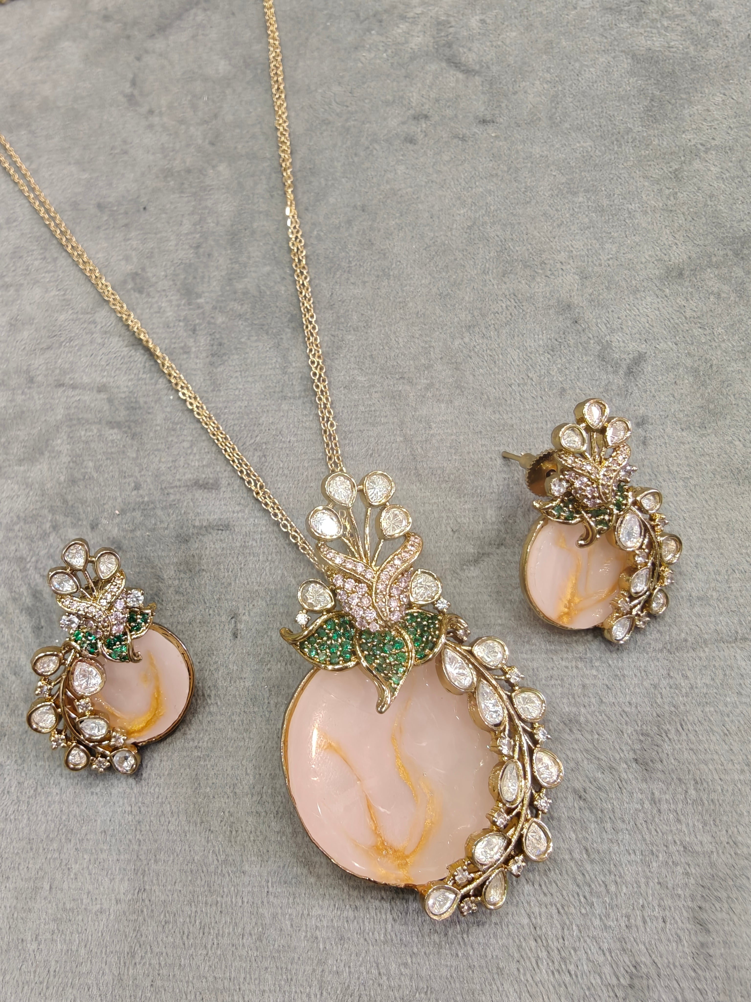 Raktika Natural Stone Statement Pendant Set- Lavender