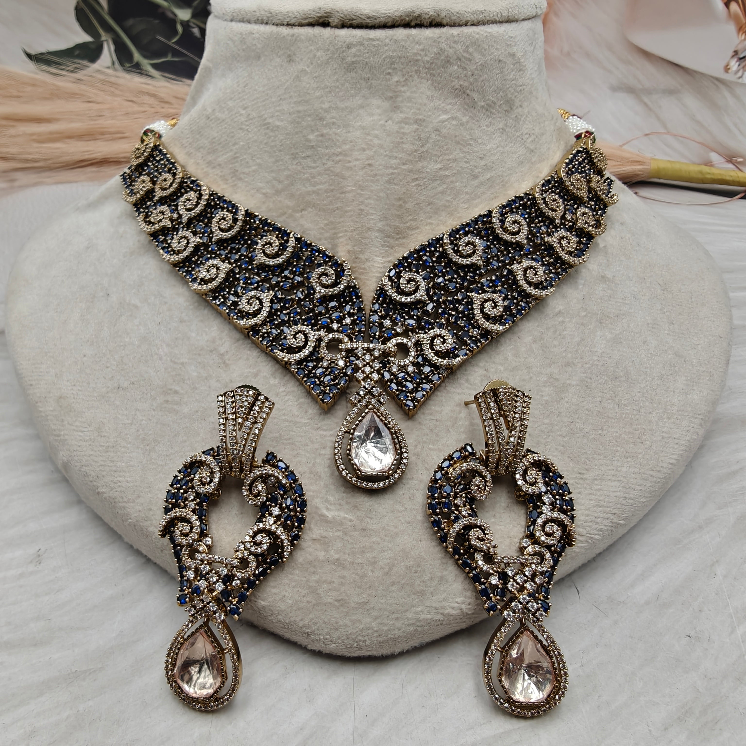 Noir Royale Moissanite CZ Victorian Necklace Set- Royal Blue