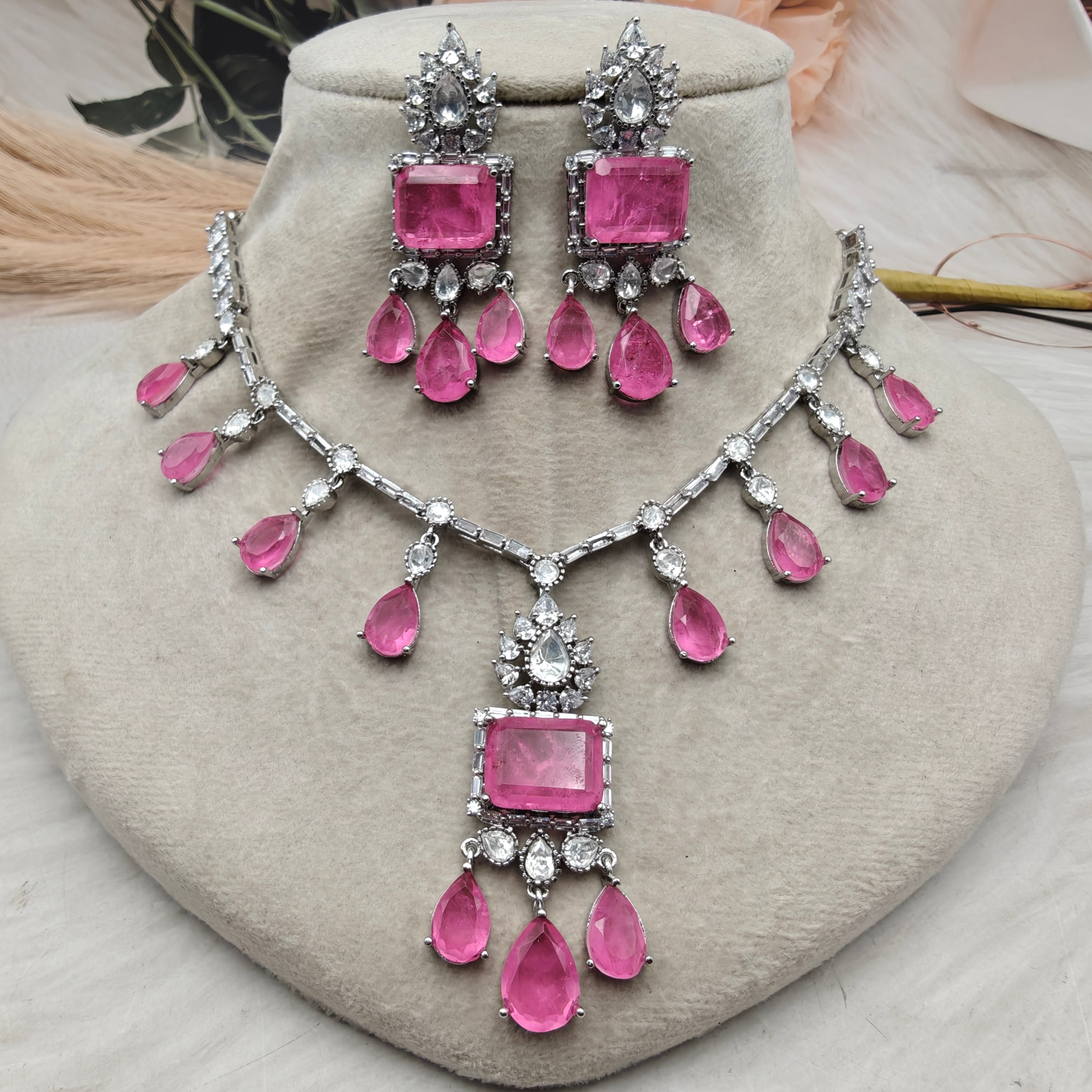 Pristine Doublet and Baguette AD Necklace Set (Silver Finish) - Pink