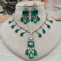 Pristine Doublet and Baguette AD Necklace Set (Silver Finish)- Emerald Green