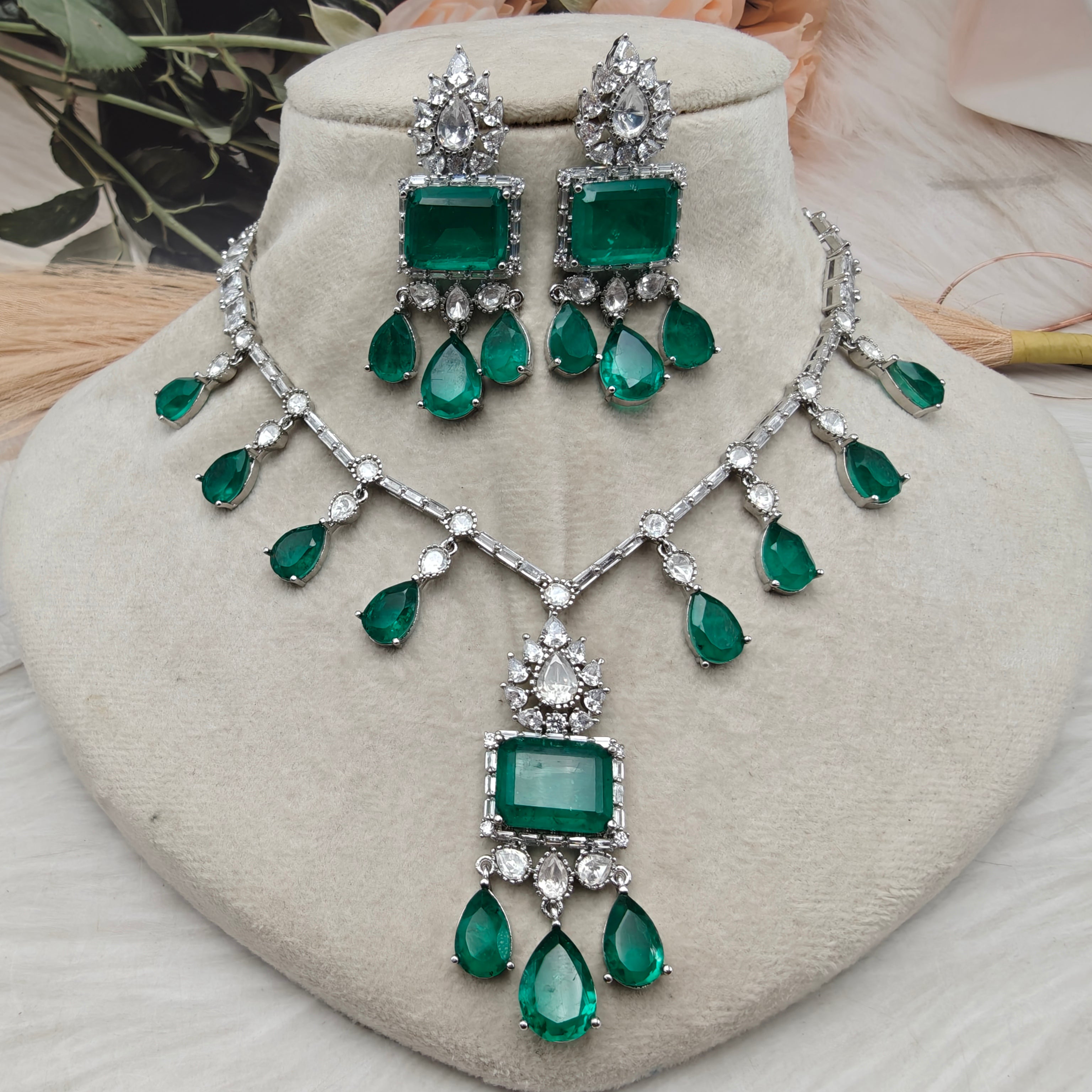 Pristine Doublet and Baguette AD Necklace Set - Emerald