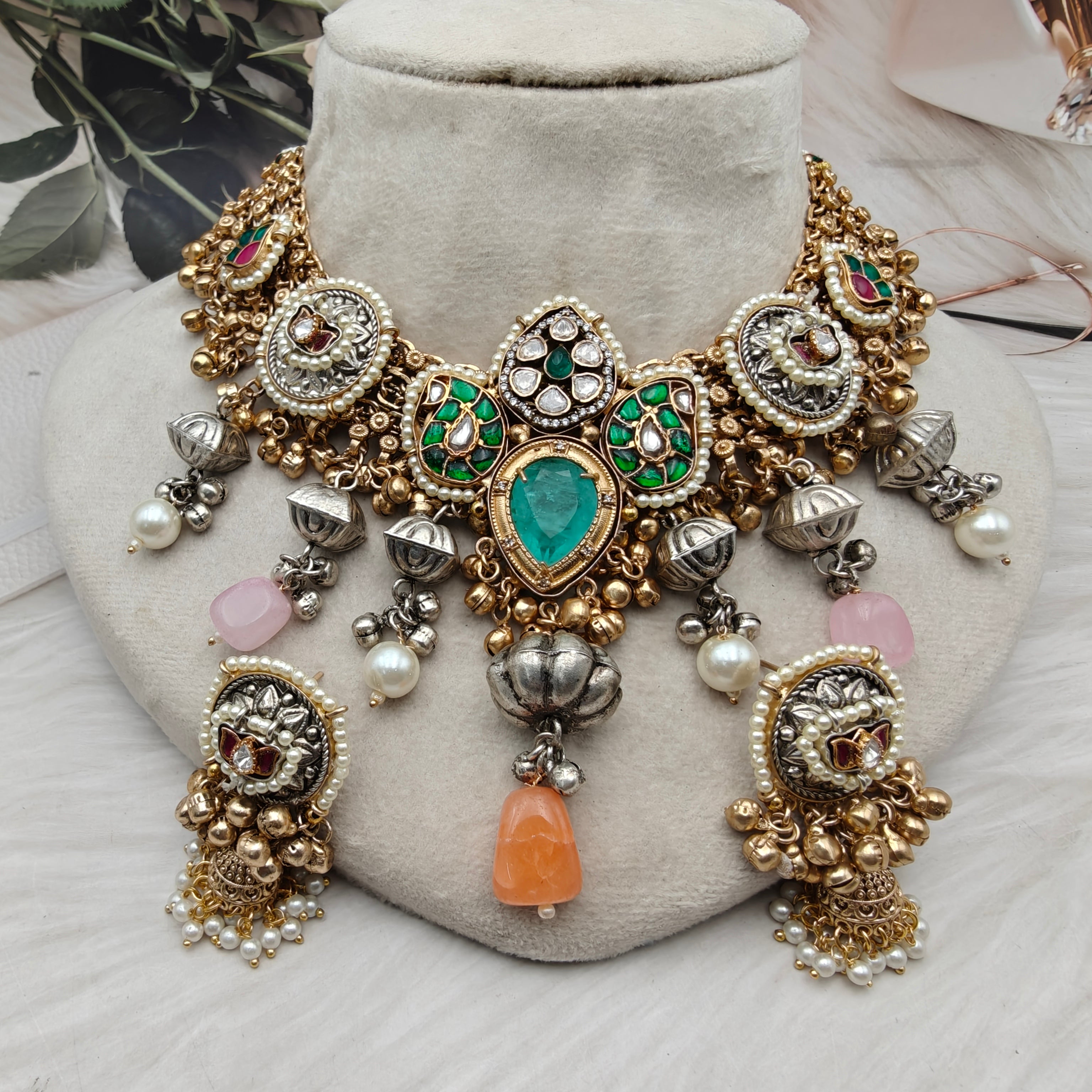 Sajana Amrapali Brass Fusion Necklace Set - Orange and Green