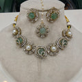 Sakshi Natural Stone and Pearl Sabya Choker Necklace Set with Mangtikka- Mint and White
