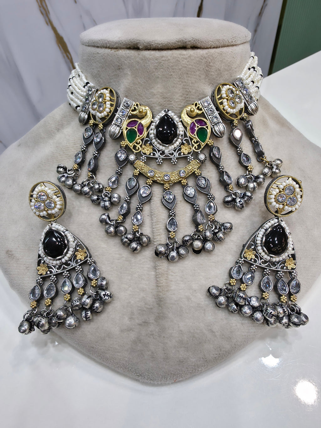 Shriyali Silver Oxidised Brass Choker Necklace Set- Black