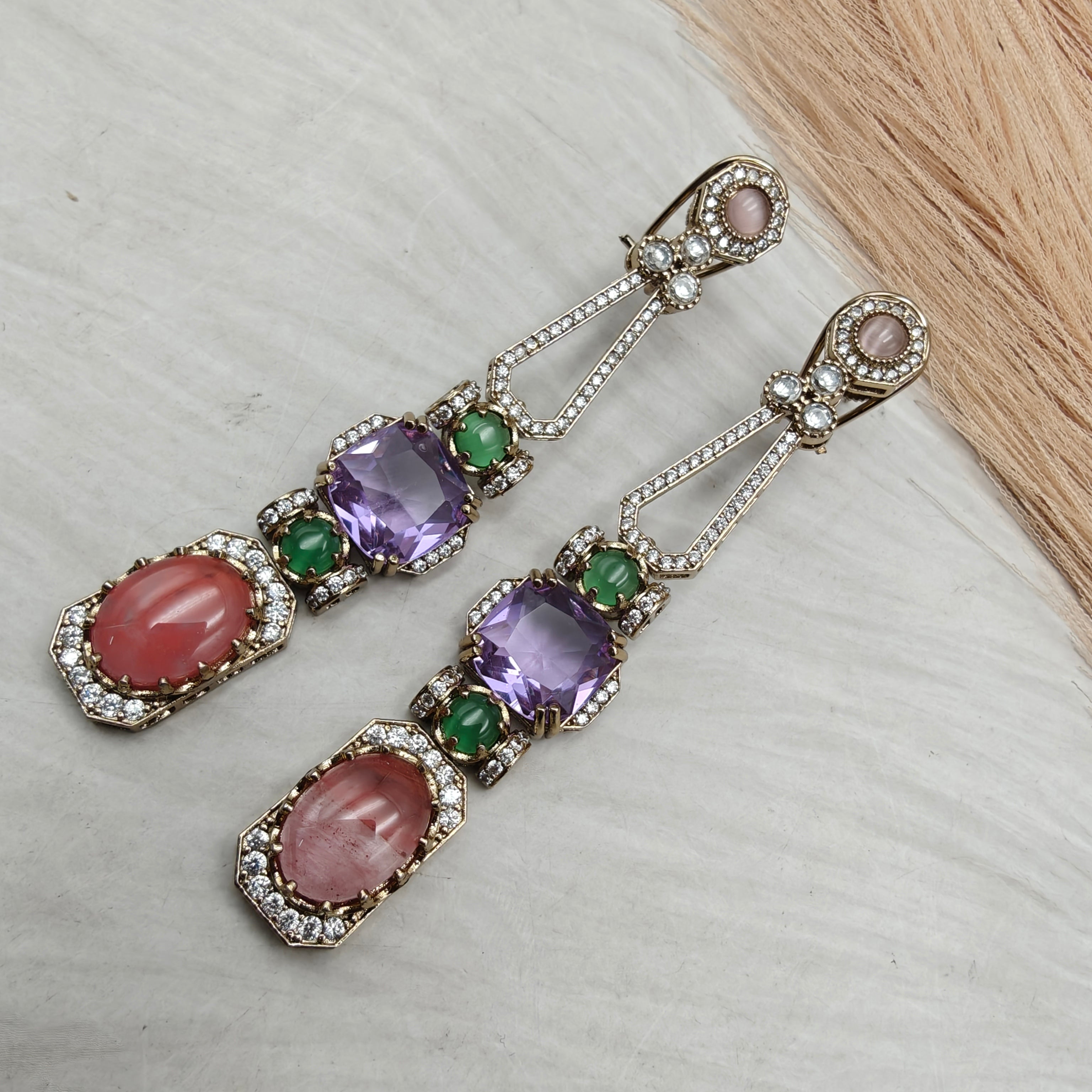 Rohini Sabya Inspired Gemstone Statement Earrings- Purple and Coral