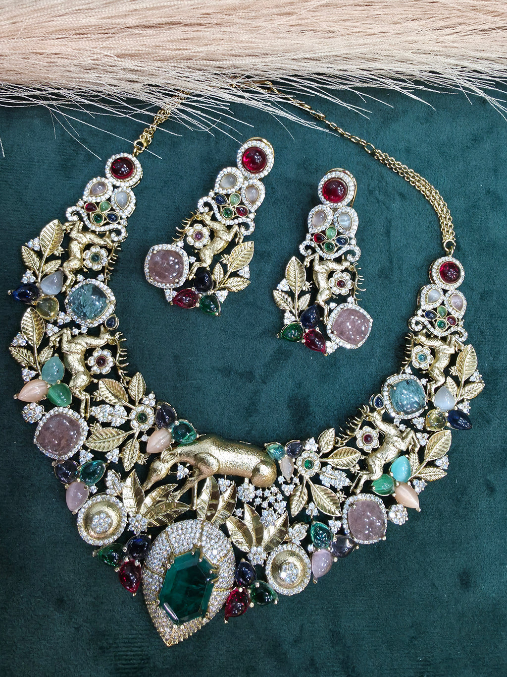 Aranya Vantara Semi Precious Stones Statment Necklace Set- Green Multi