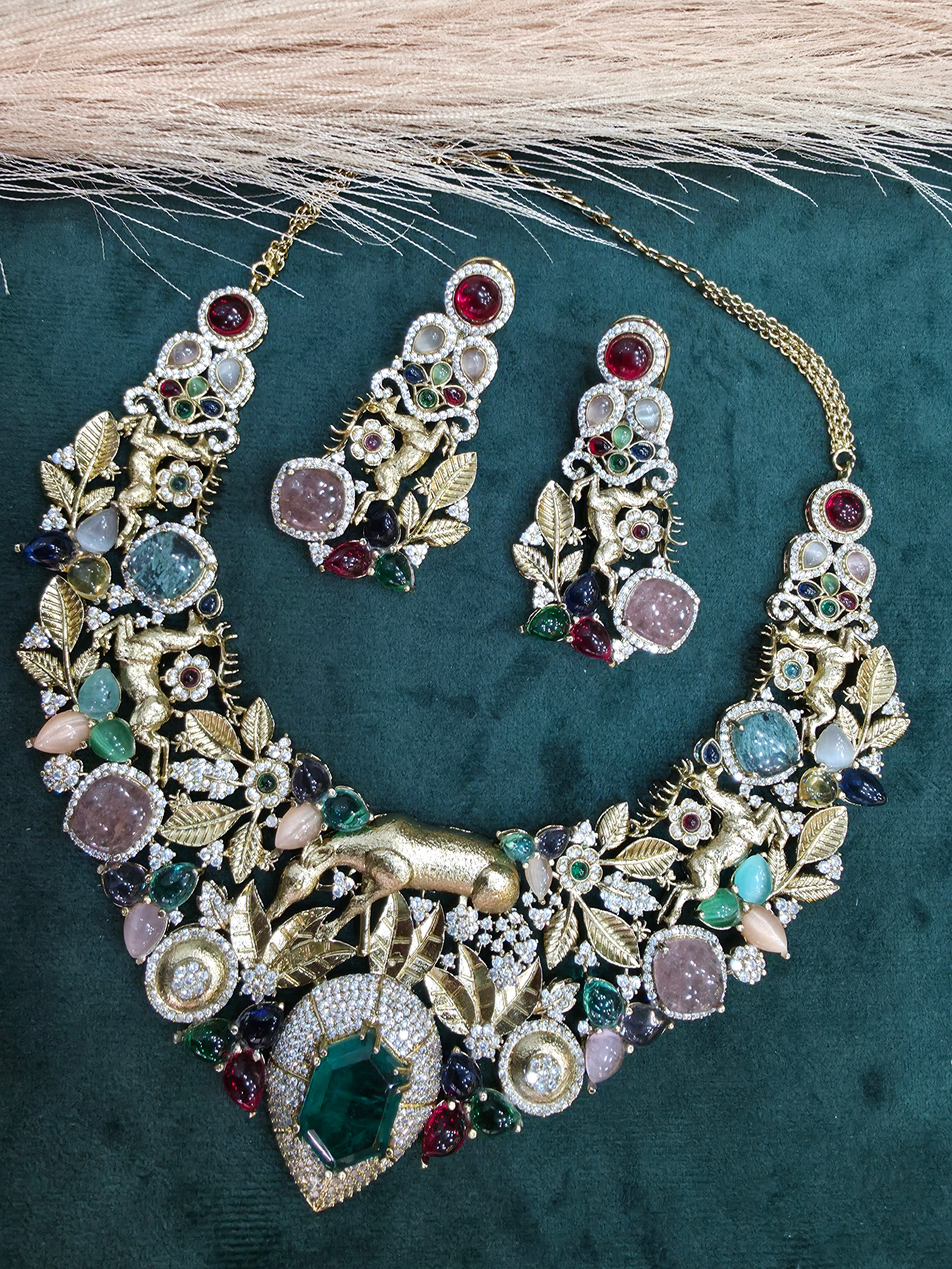 Aranya Vantara Semi Precious Stones Statment Necklace Set- Green Multi