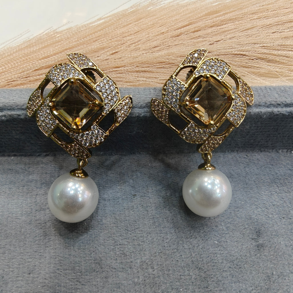 Shaanvi Sabyasachi Inspired Pearl Drop Stud Earrings- Champagne