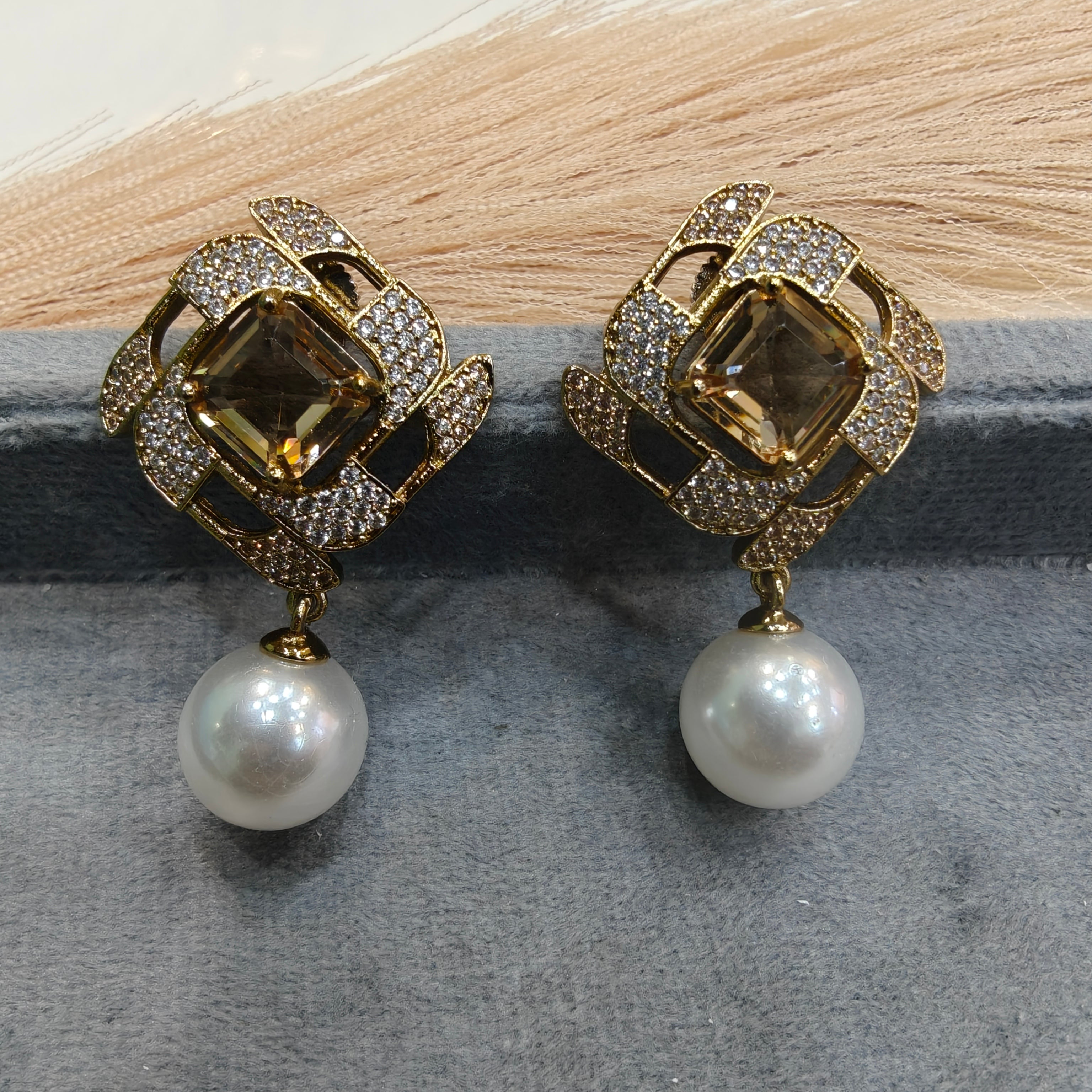 Shaanvi Sabyasachi Inspired Pearl Drop Stud Earrings- Champagne