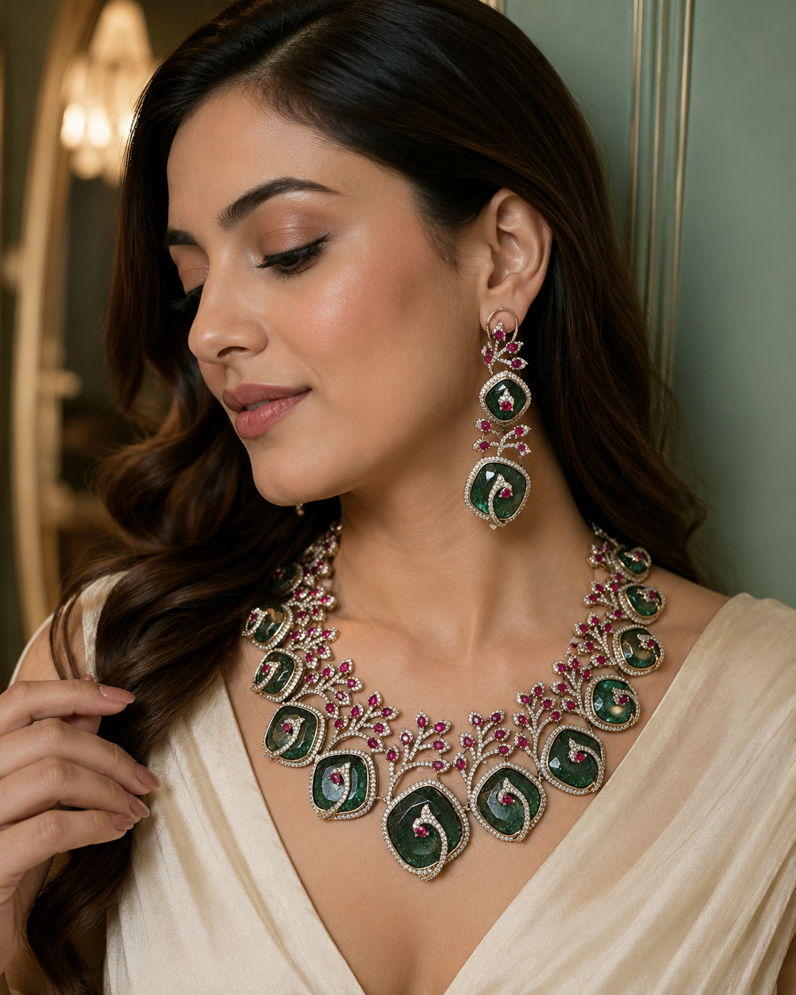 Shloka Designer Concept Statement Necklace Set- Rama Green Ruby